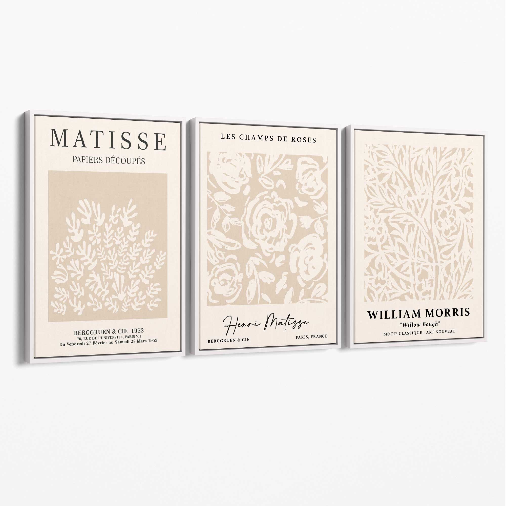 Set of 3 Matisse and William Morris Beige Floral Canvas Art Prints with White Float Frame