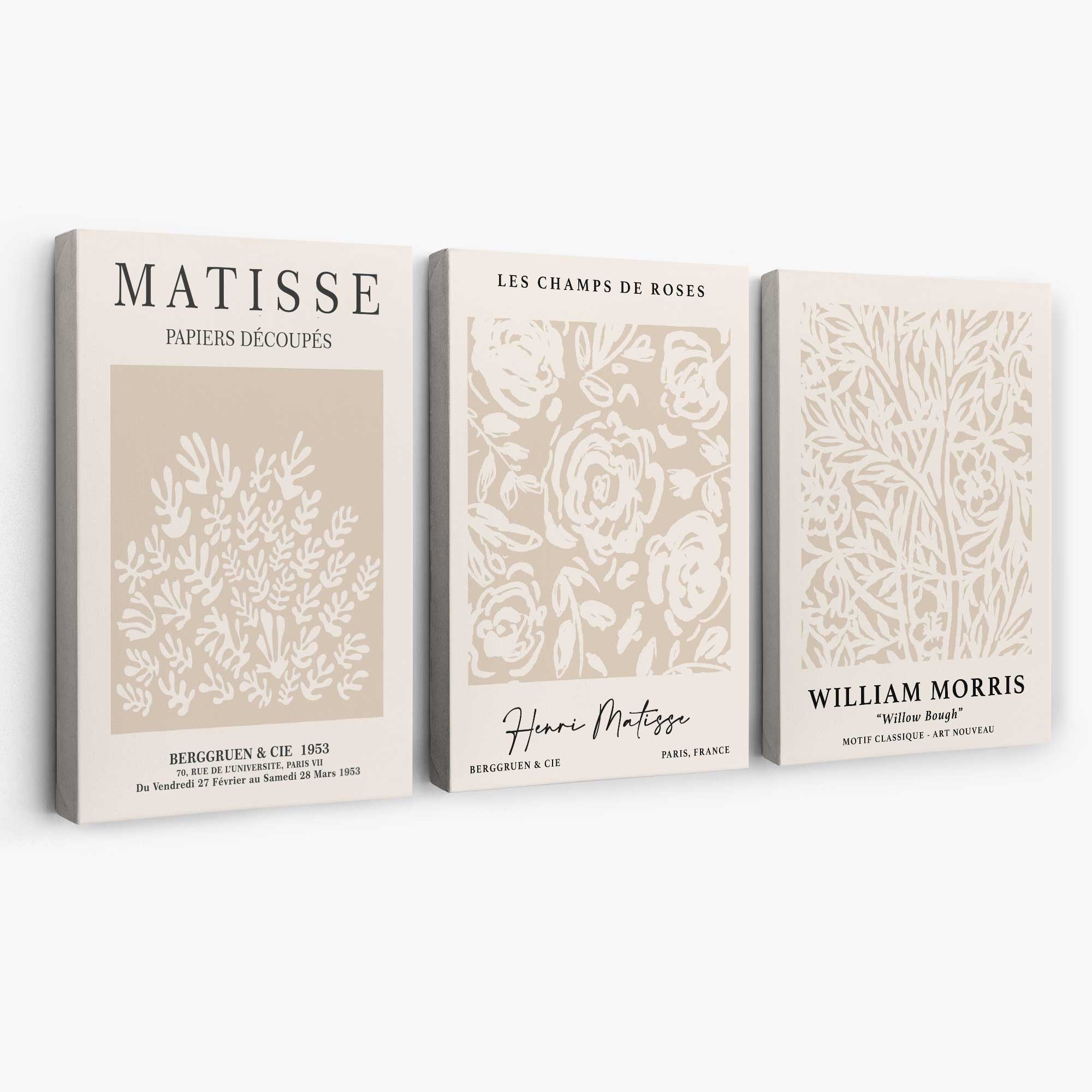 Set of 3 Matisse and William Morris Beige Floral Canvas Art Prints | Artze Wall Art