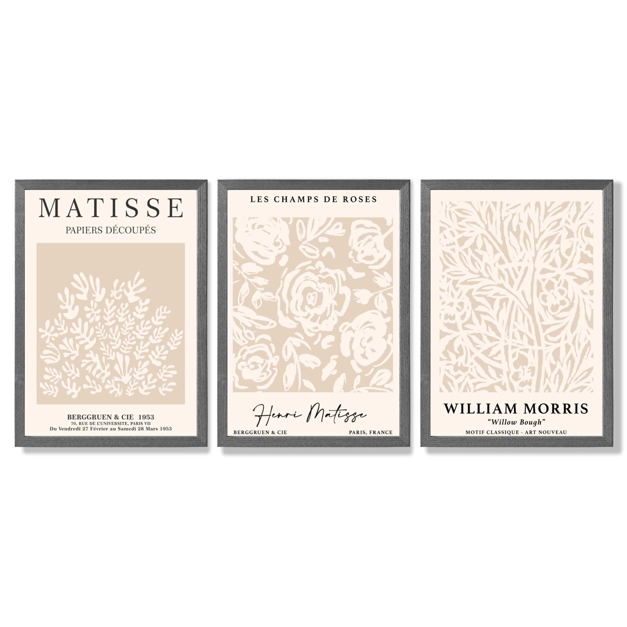 Set of 3 Matisse and William Morris Beige Floral Framed Art Prints with Dark Grey Wooden Frames