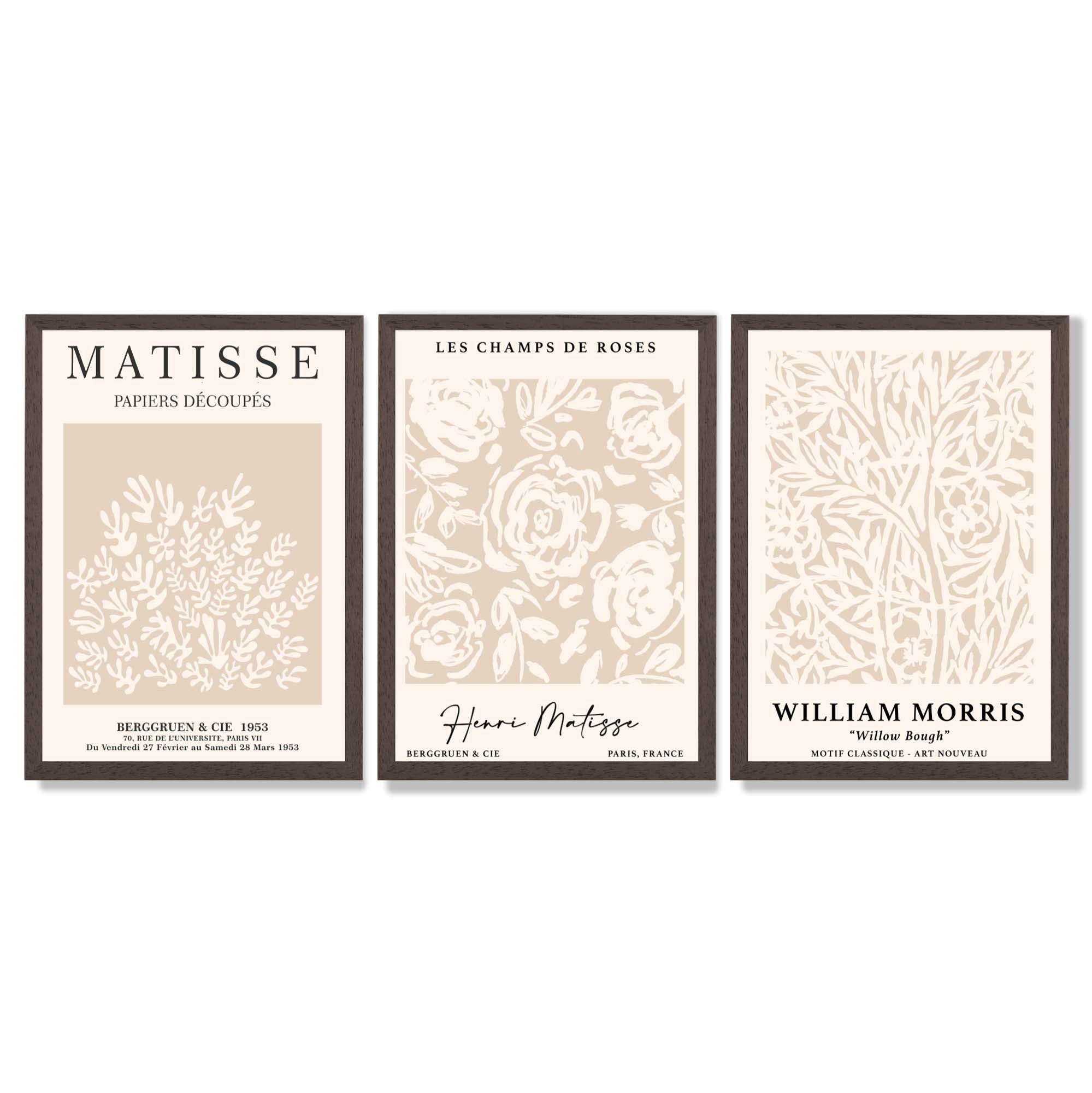 Set of 3 Matisse and William Morris Beige Floral Framed Art Prints with Dark Wood Frames