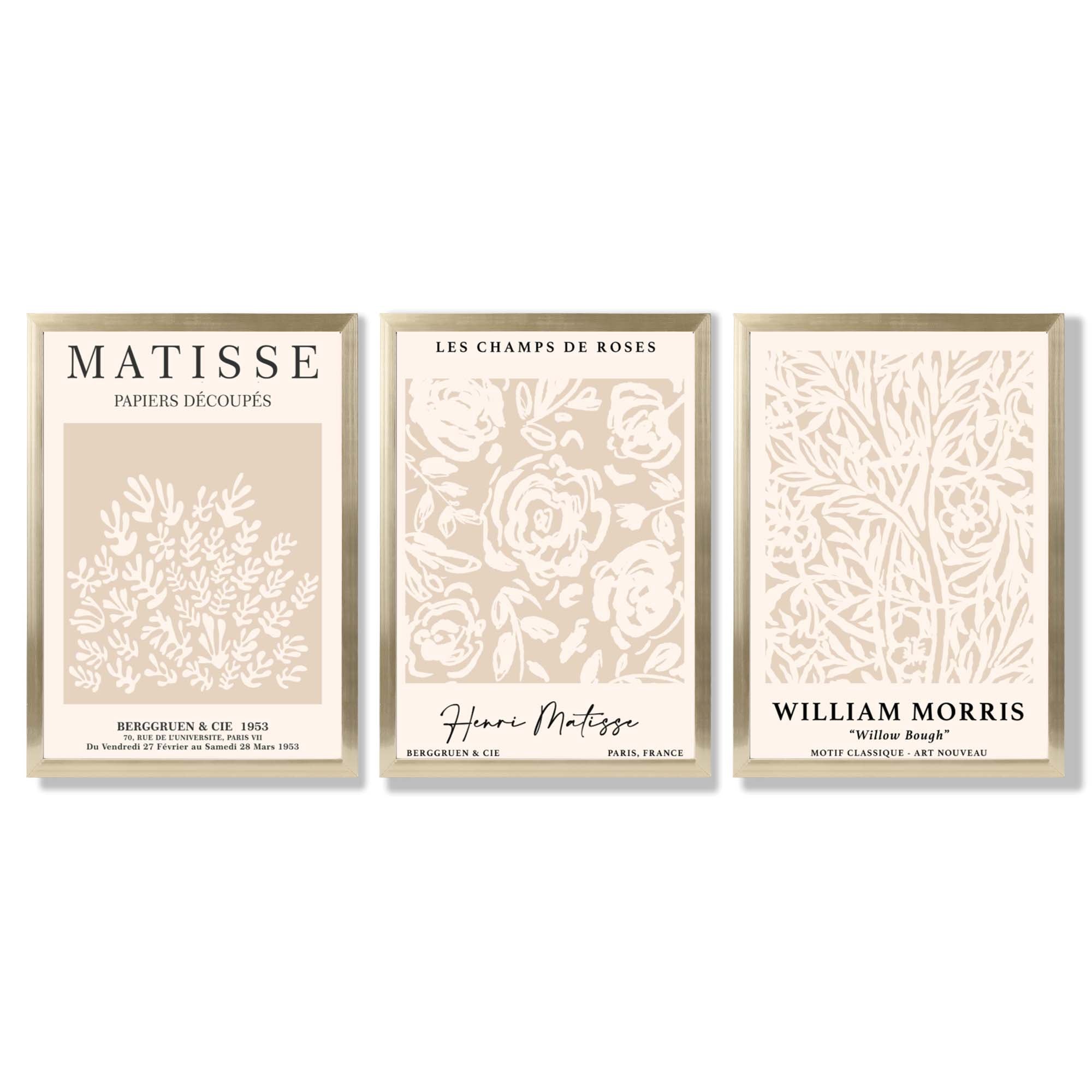 Set of 3 Matisse and William Morris Beige Floral Framed Art Prints with Gold Wood Frames