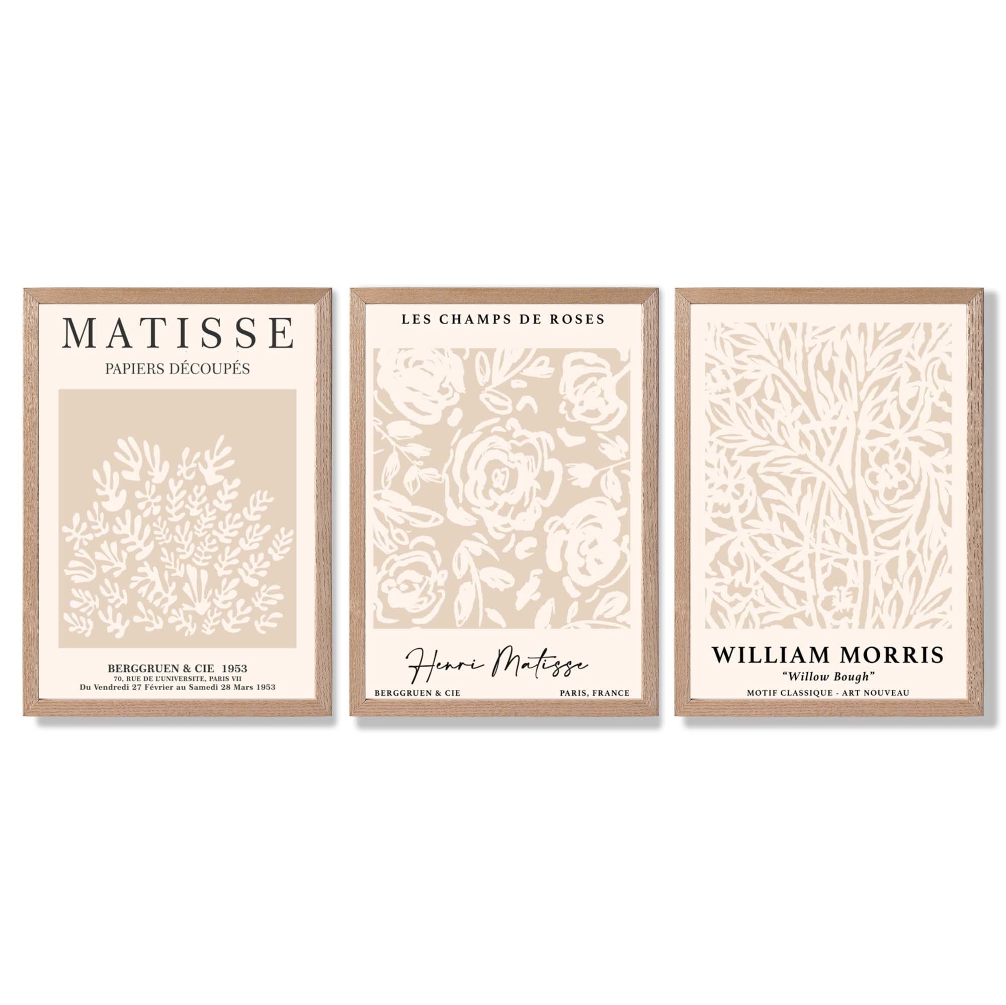 Set of 3 Matisse and William Morris Beige Floral Framed Art Prints with Light Oak Frames