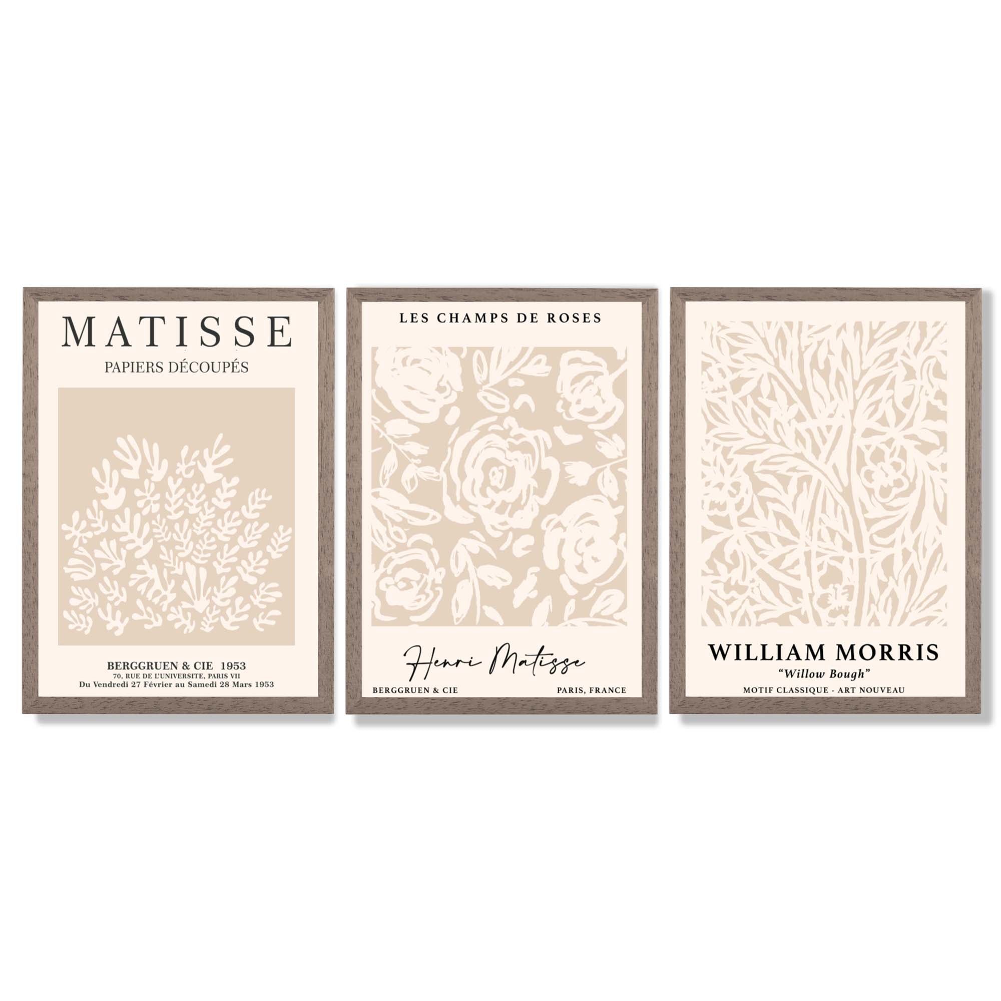 Set of 3 Matisse and William Morris Beige Floral Framed Art Prints with Light Walnut Frames
