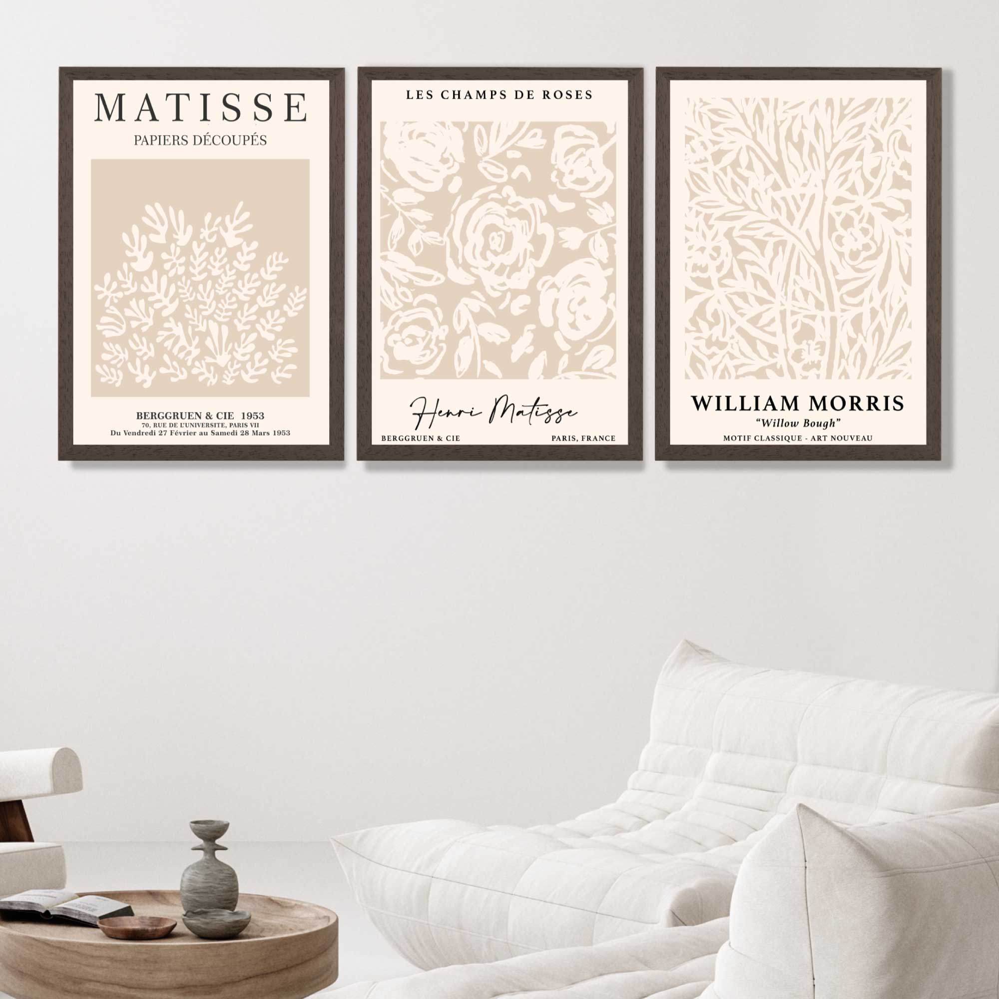 Set of 3 Matisse and William Morris Beige Floral Art Prints in Oak Frames | Artze UK