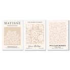 Set of 3 Matisse and William Morris Beige Floral Framed Art Prints with White Wooden Frames