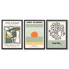 Set of 3 Abstract Picasso, Warhol, Haring Green Framed Art Prints with Black Wooden Frames