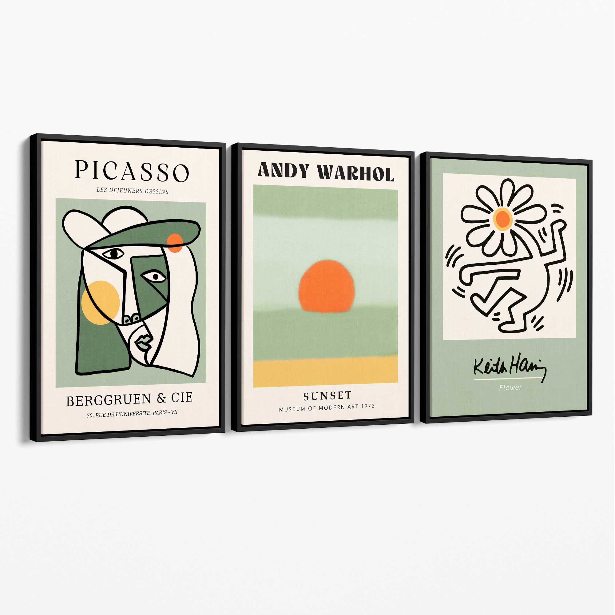 Set of 3 Abstract Picasso, Warhol, Haring Green Canvas Art Prints with Black Float Frame