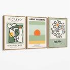 Set of 3 Abstract Picasso, Warhol, Haring Green Canvas Art Prints with Oak Float Frame