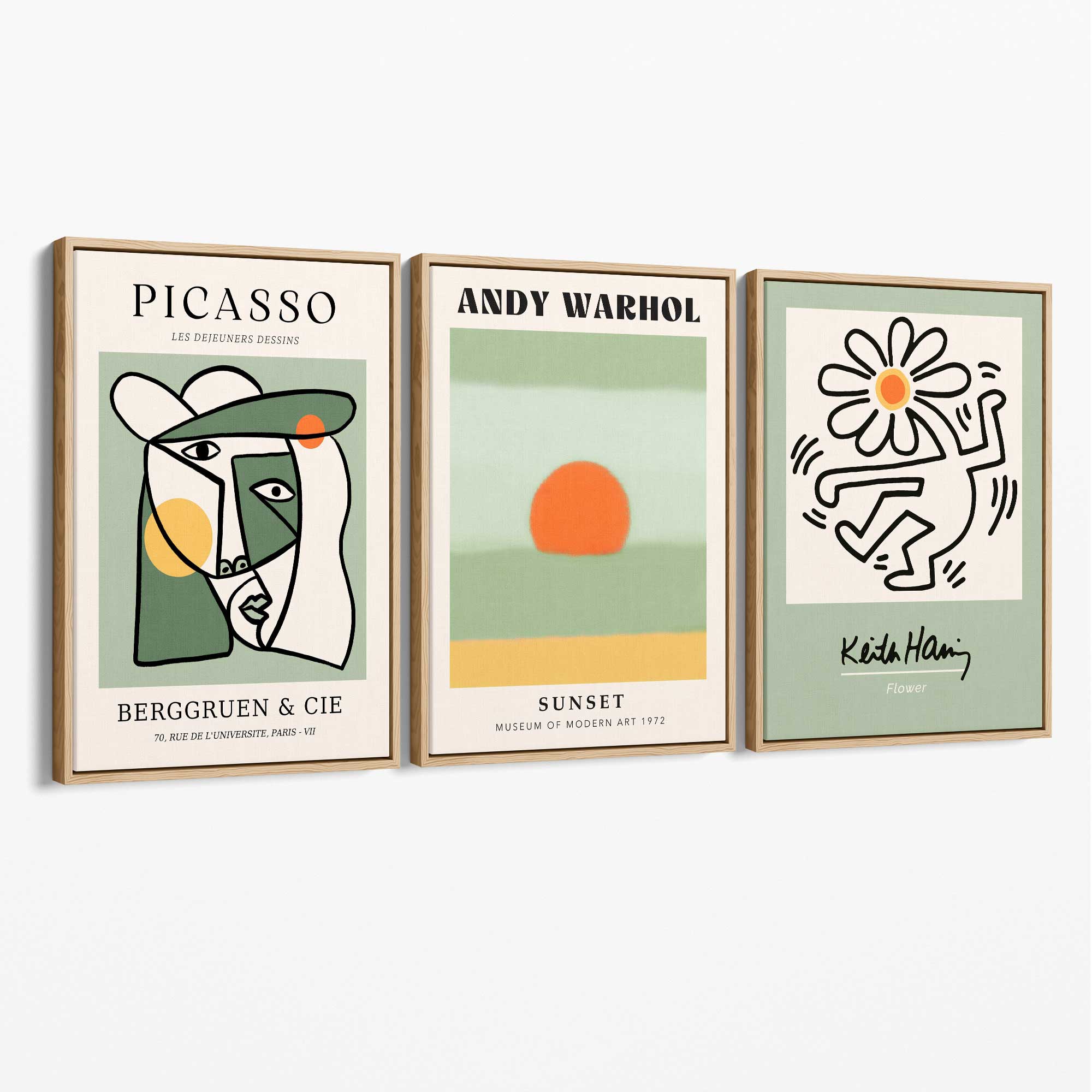 Set of 3 Abstract Picasso, Warhol, Haring Green Canvas Art Prints with Oak Float Frame