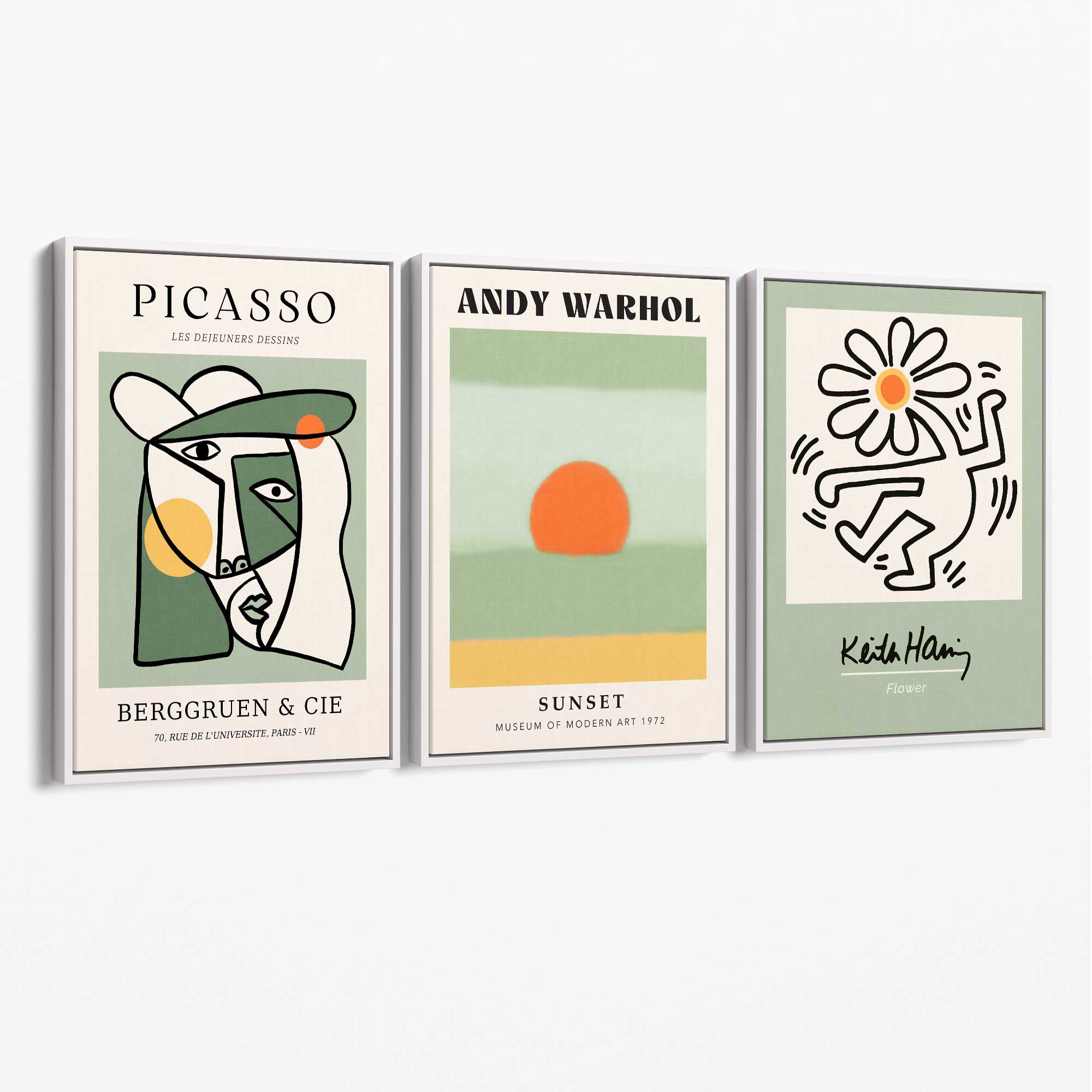 Set of 3 Abstract Picasso, Warhol, Haring Green Canvas Art Prints with White Float Frame
