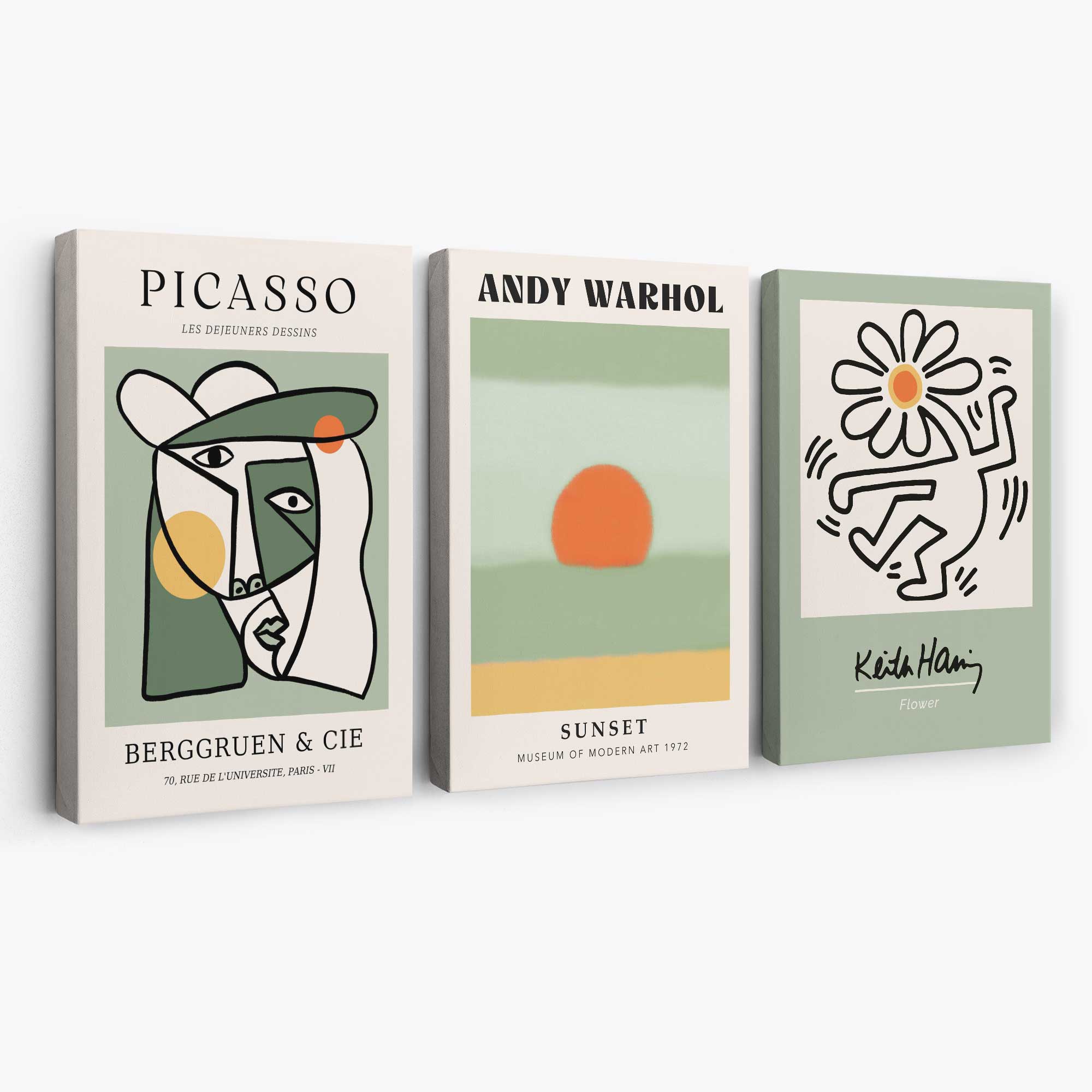 Set of 3 Abstract Picasso, Warhol, Haring Green Canvas Art Prints | Artze Wall Art