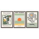 Set of 3 Abstract Picasso, Warhol, Haring Green Framed Art Prints with Dark Wood Frames