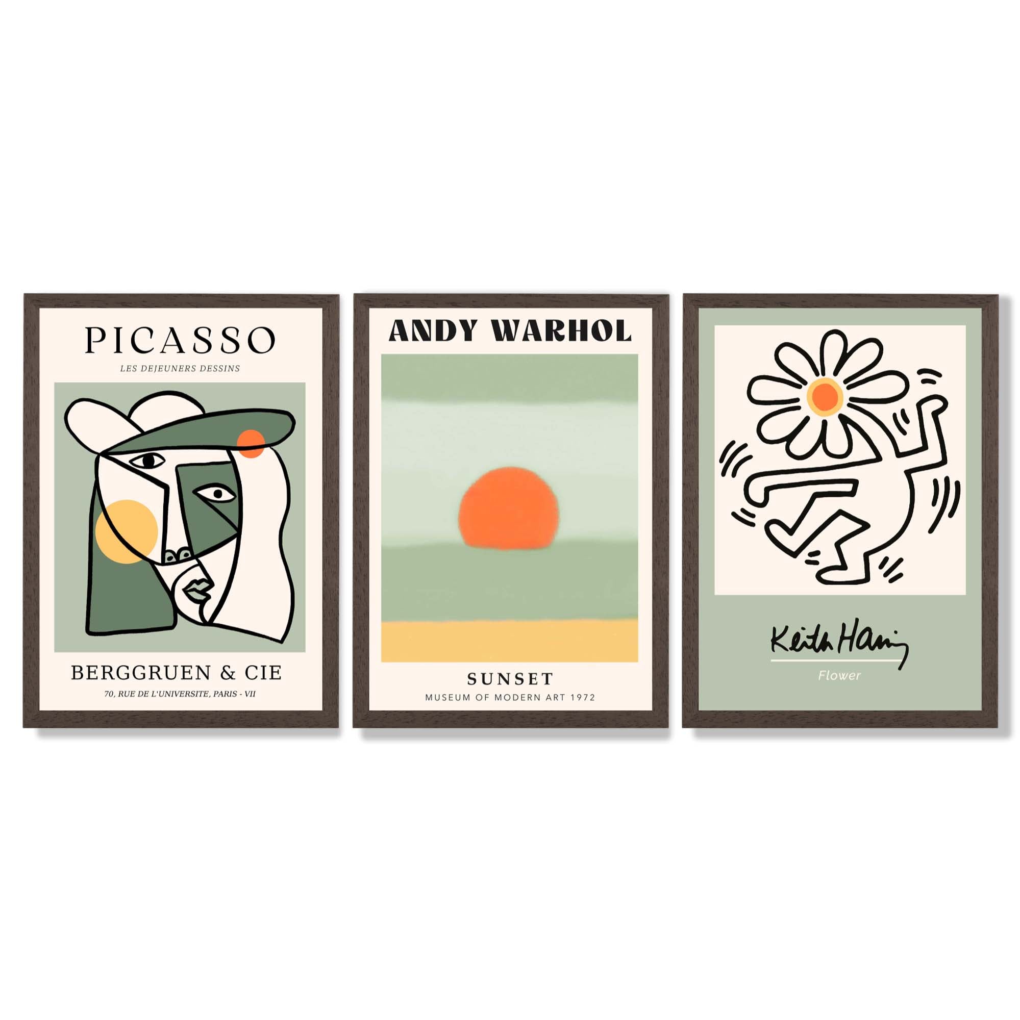 Set of 3 Abstract Picasso, Warhol, Haring Green Framed Art Prints with Dark Wood Frames