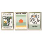 Set of 3 Abstract Picasso, Warhol, Haring Green Framed Art Prints with Gold Wood Frames