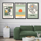 Set of 3 Abstract Picasso, Warhol, Haring Green Art Prints in Black Frames | Artze UK