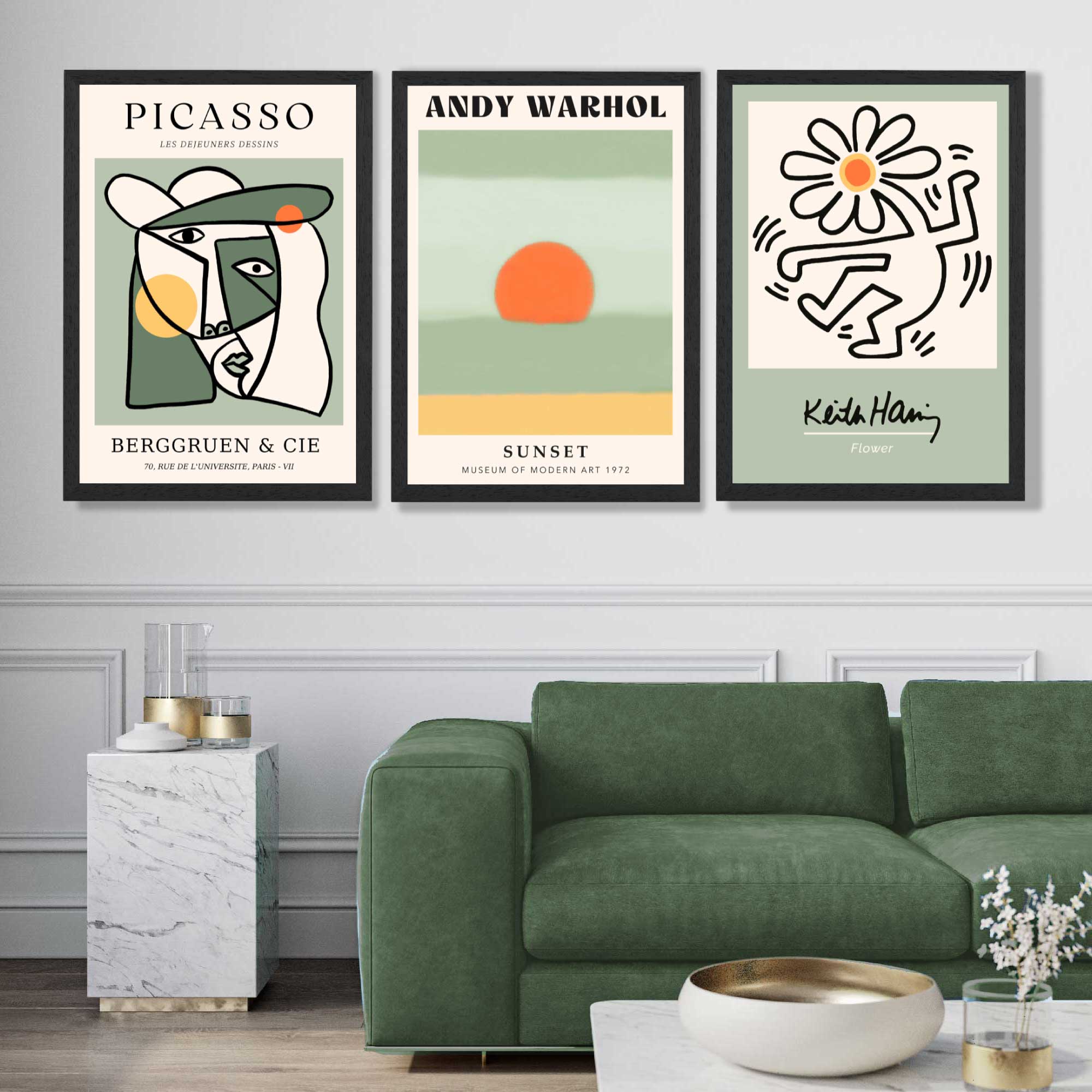 Set of 3 Abstract Picasso, Warhol, Haring Green Art Prints in Black Frames | Artze UK