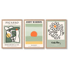 Set of 3 Abstract Picasso, Warhol, Haring Green Framed Art Prints with Light Oak Frames