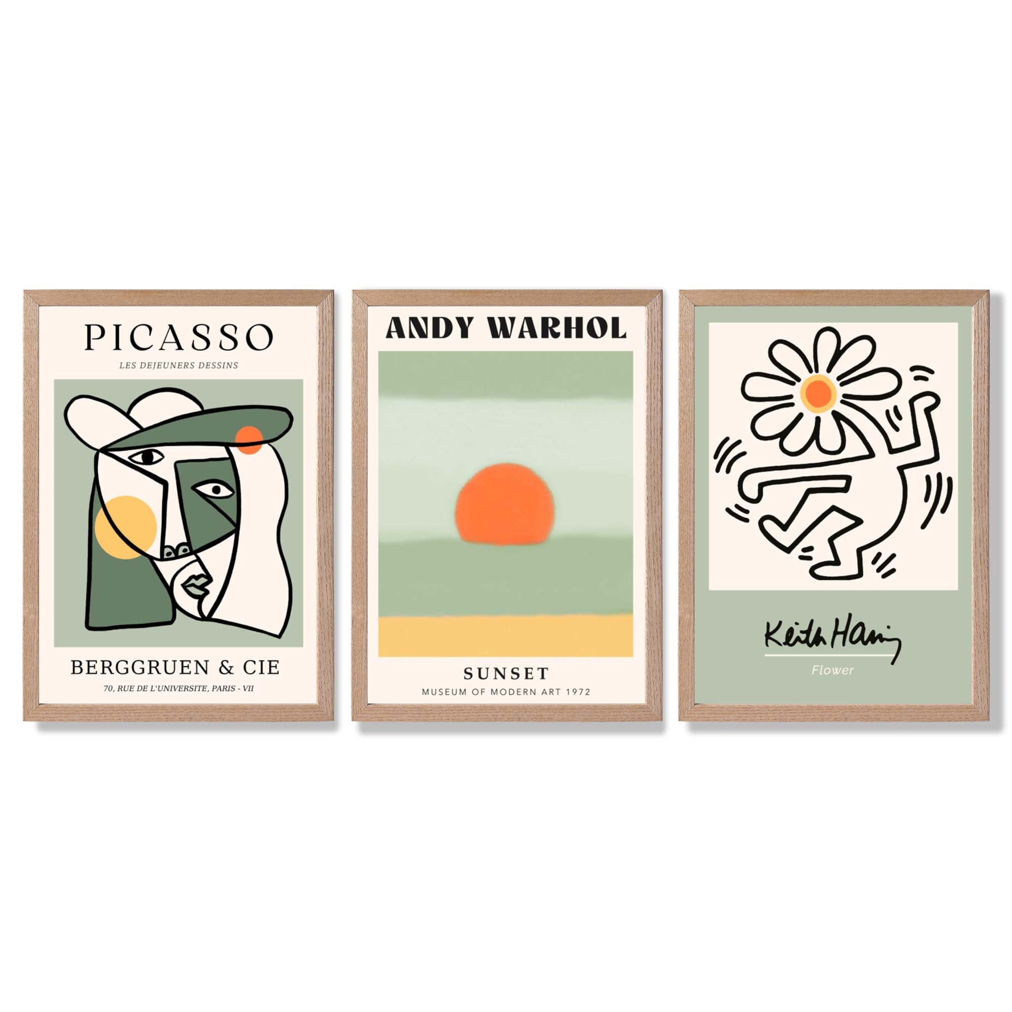 Set of 3 Abstract Picasso, Warhol, Haring Green Framed Art Prints with Light Oak Frames