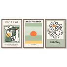 Set of 3 Abstract Picasso, Warhol, Haring Green Framed Art Prints with Light Walnut Frames