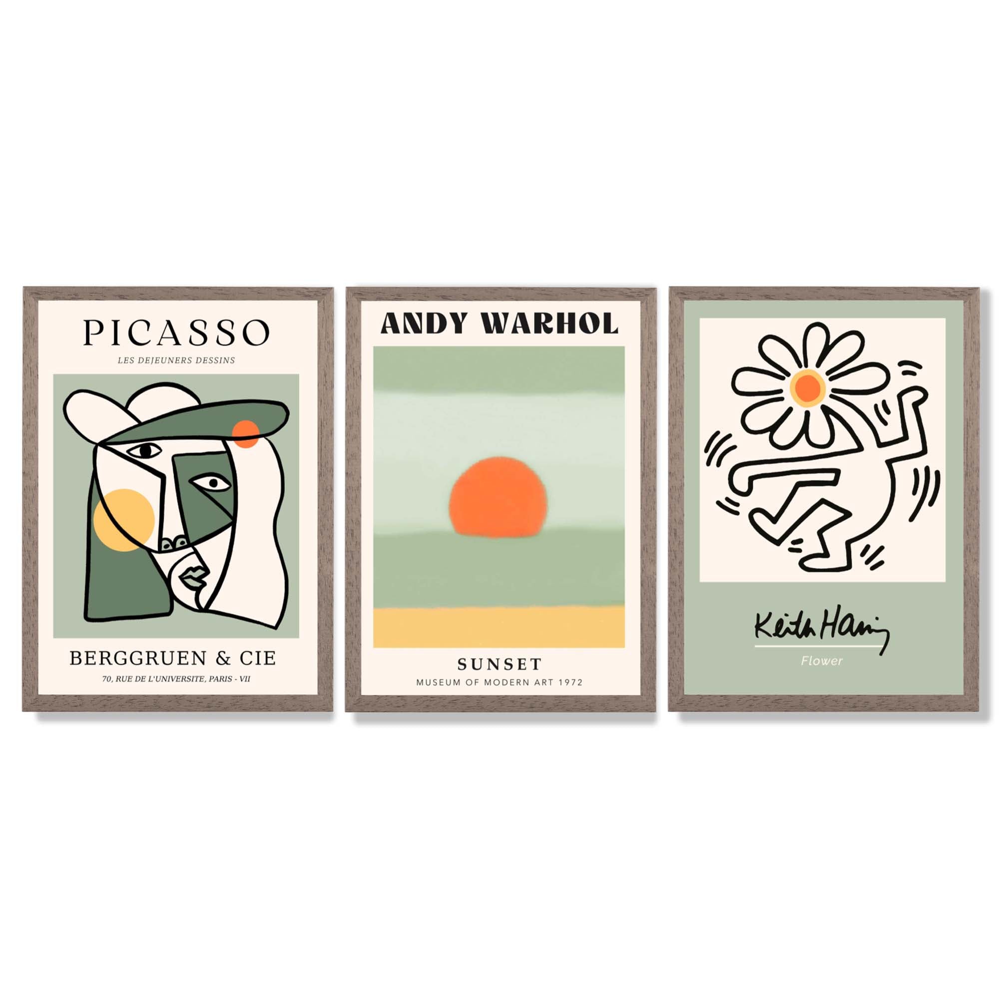 Set of 3 Abstract Picasso, Warhol, Haring Green Framed Art Prints with Light Walnut Frames