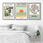 Set of 3 Abstract Picasso, Warhol, Haring Green Art Prints in White Frames | Artze UK
