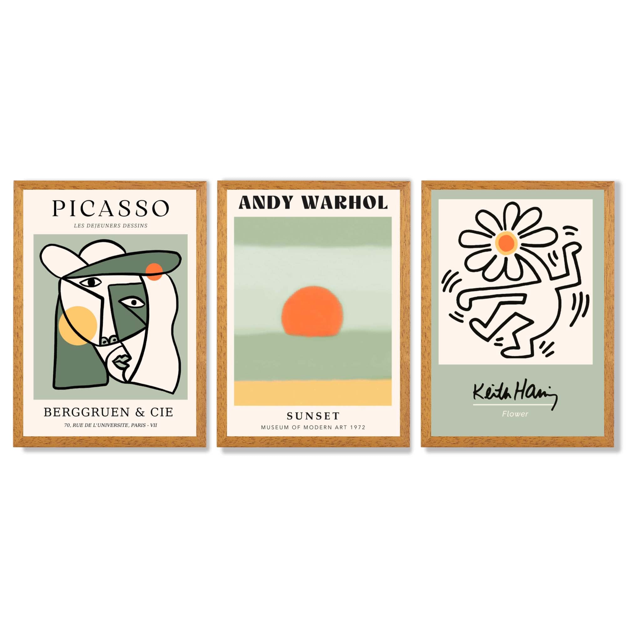 Set of 3 Abstract Picasso, Warhol, Haring Green Framed Art Prints with Oak Wooden Frames
