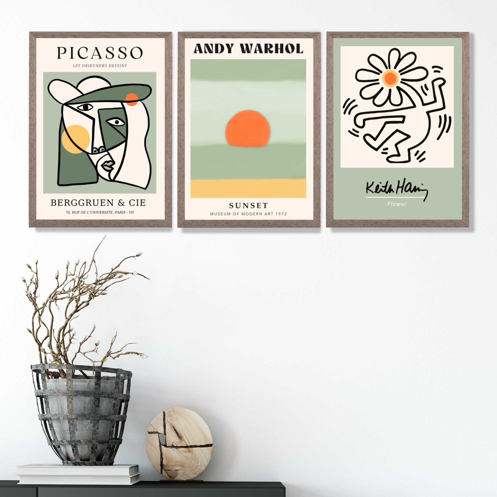 Set of 3 Abstract Picasso, Warhol, Haring Green Art Prints in Oak Frames | Artze UK