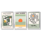 Set of 3 Abstract Picasso, Warhol, Haring Green Framed Art Prints with Silver Wood Frames