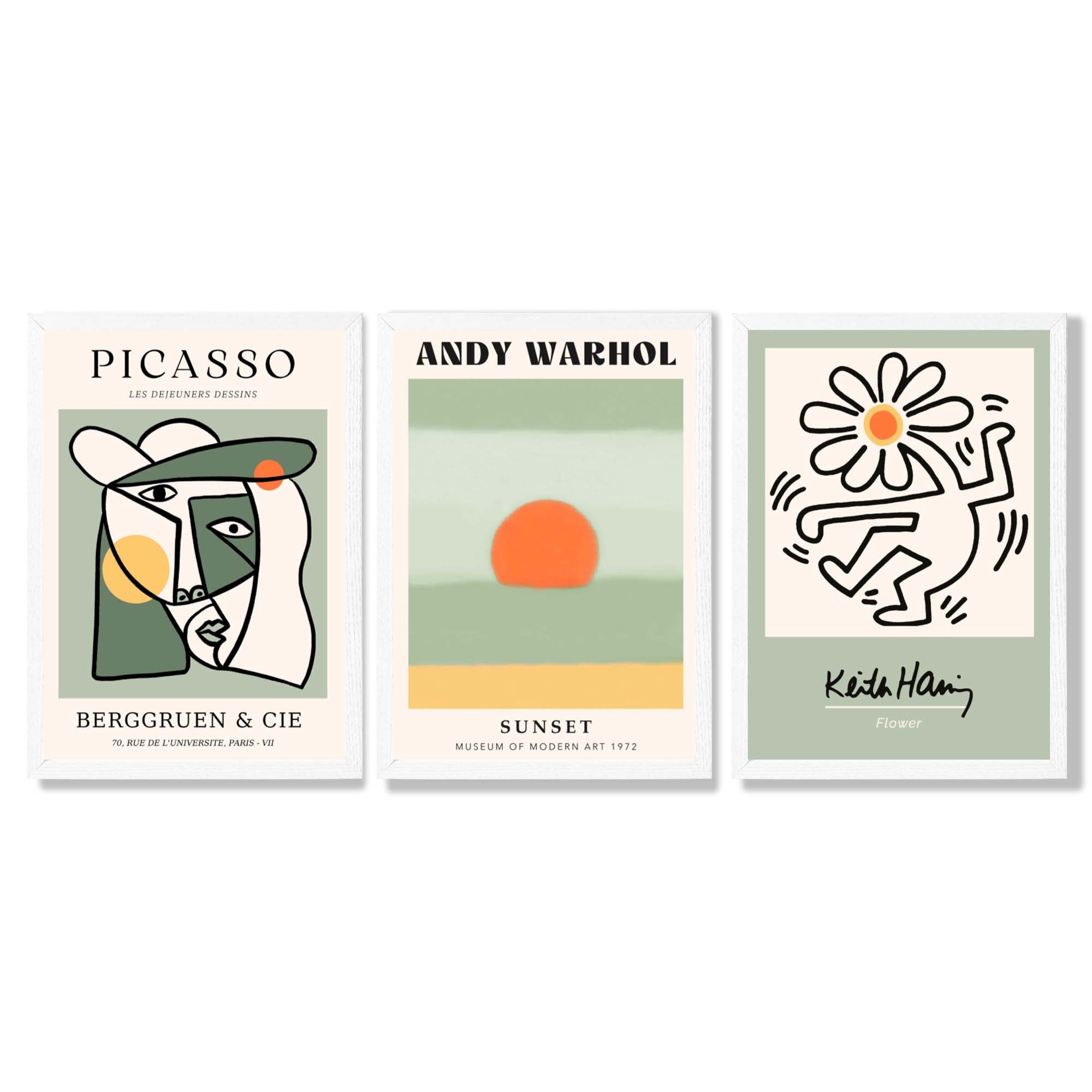Set of 3 Abstract Picasso, Warhol, Haring Green Framed Art Prints with White Wooden Frames