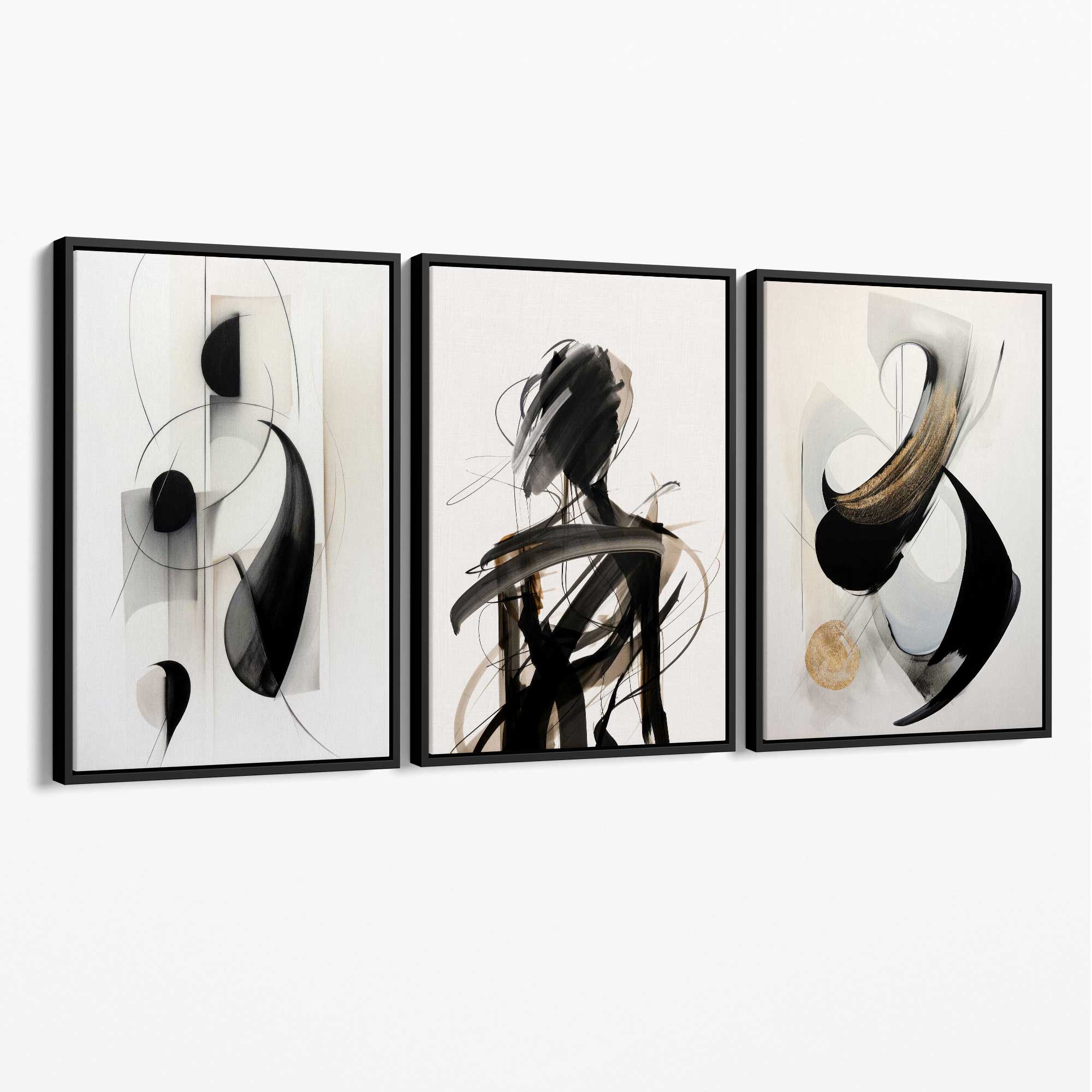 Set of 3 Abstract Black and Beige Canvas Art Prints with Black Float Frame