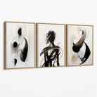 Set of 3 Abstract Black and Beige Canvas Art Prints with Oak Float Frame