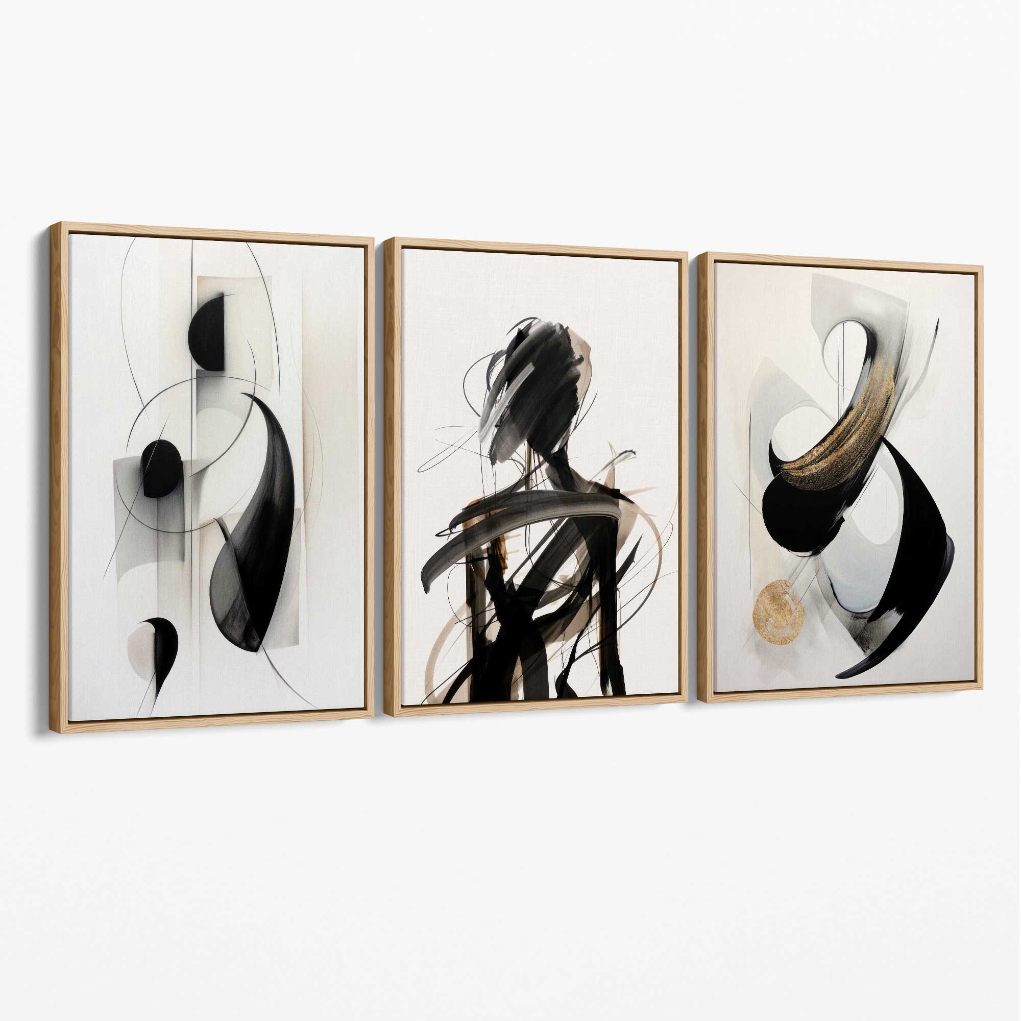 Set of 3 Abstract Black and Beige Canvas Art Prints with Oak Float Frame