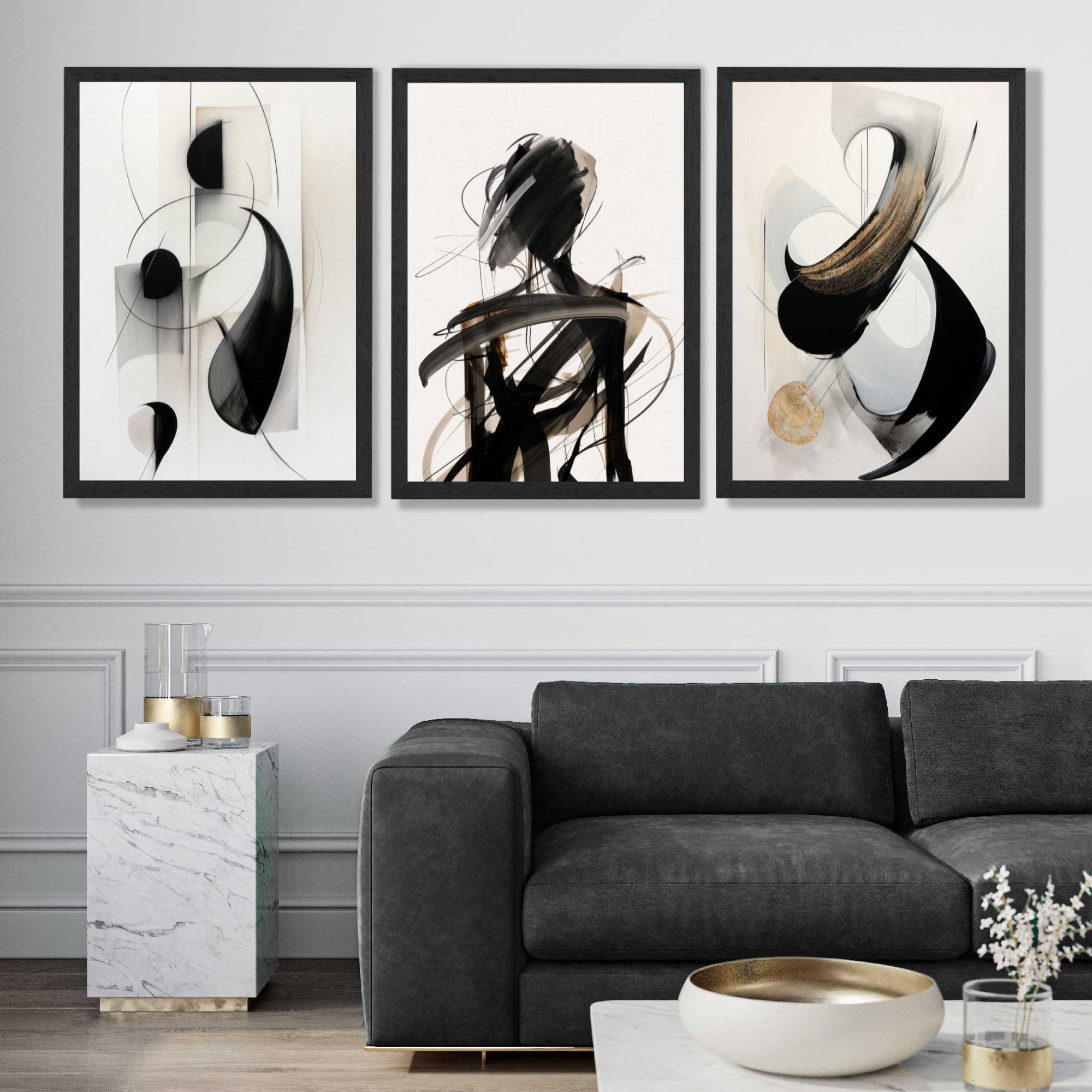 Set of 3 Abstract Black and Beige Art Prints in Black Frames | Artze UK