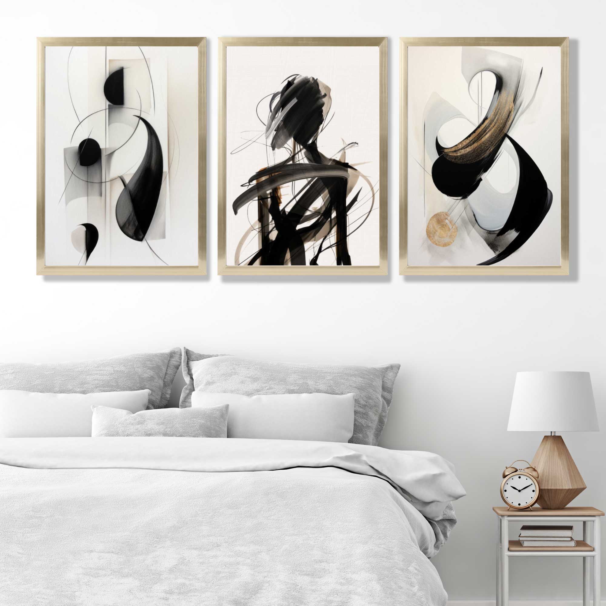 Set of 3 Abstract Black and Beige Art Prints in White Frames | Artze UK
