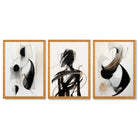Set of 3 Abstract Black and Beige Framed Art Prints with Oak Wooden Frames