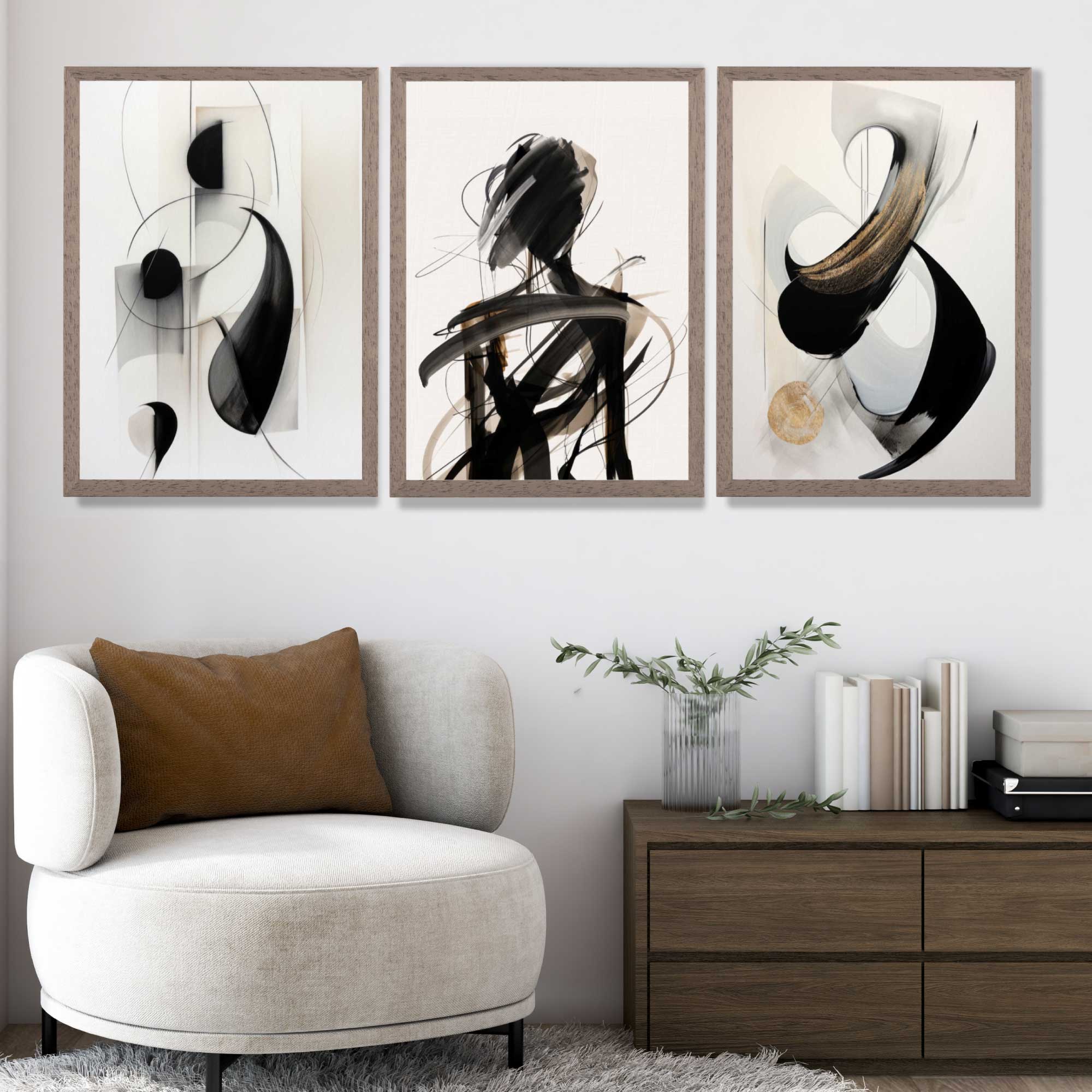 Set of 3 Abstract Black and Beige Art Prints in Oak Frames | Artze UK