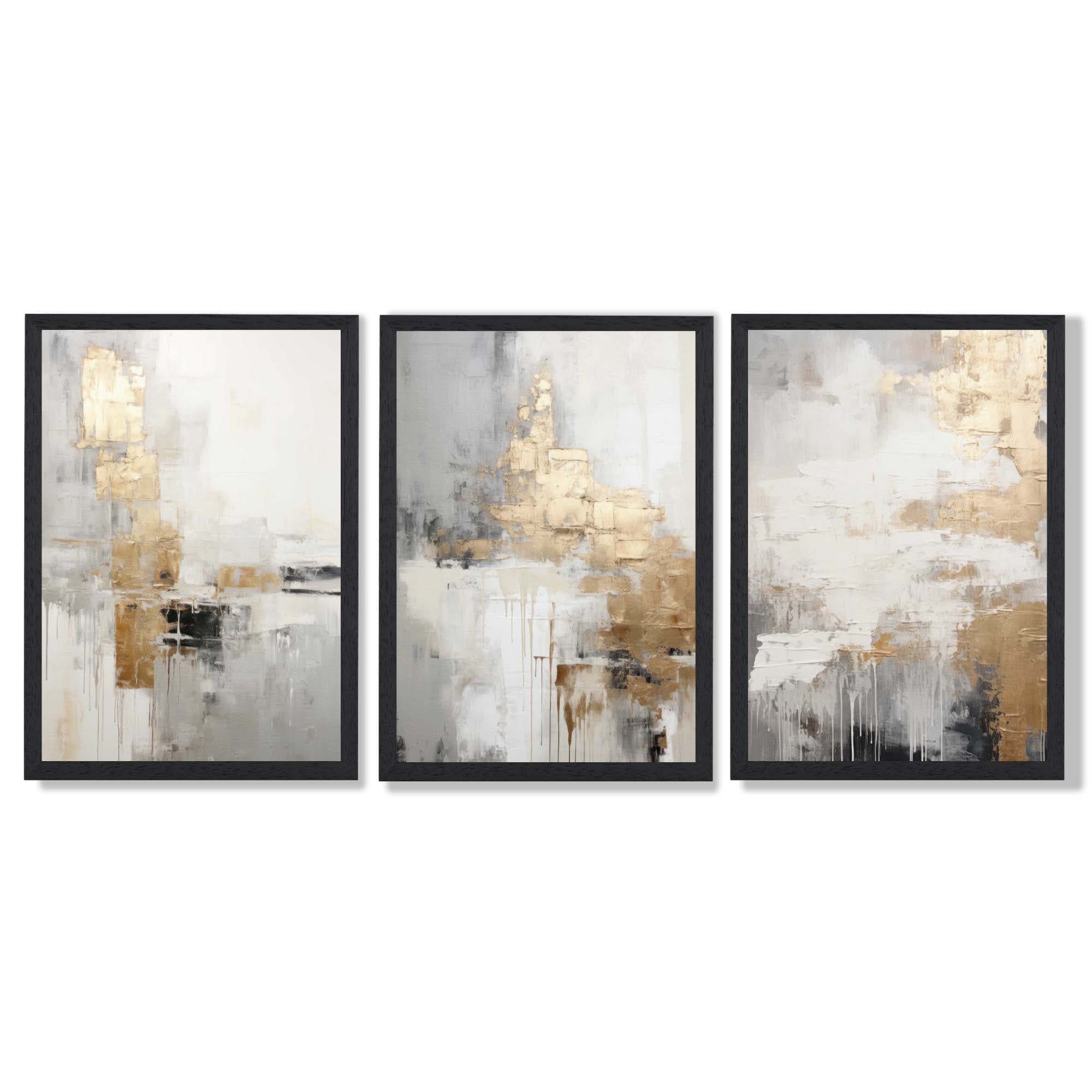 Set of 3 Abstract Beige and Gold Framed Art Prints with Black Wooden Frames