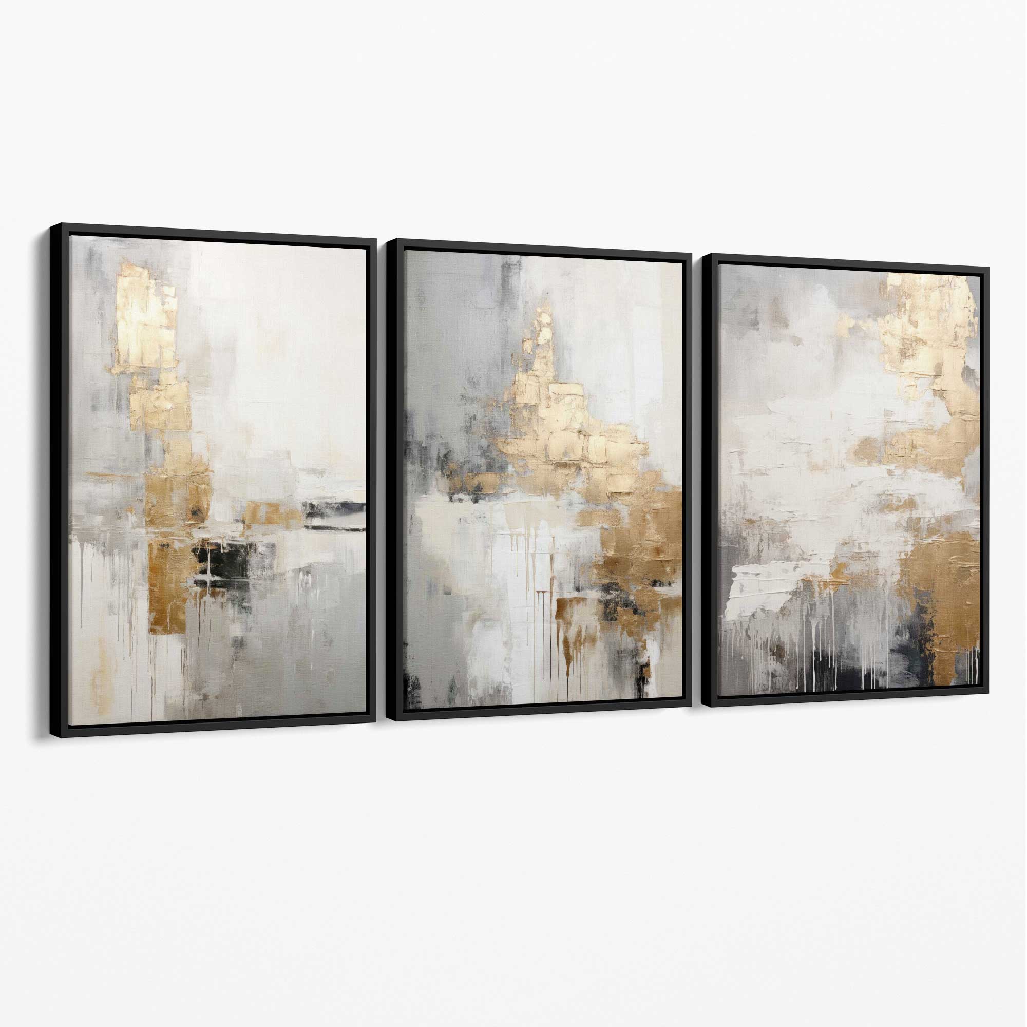 Set of 3 Abstract Beige and Gold Canvas Art Prints with Black Float Frame