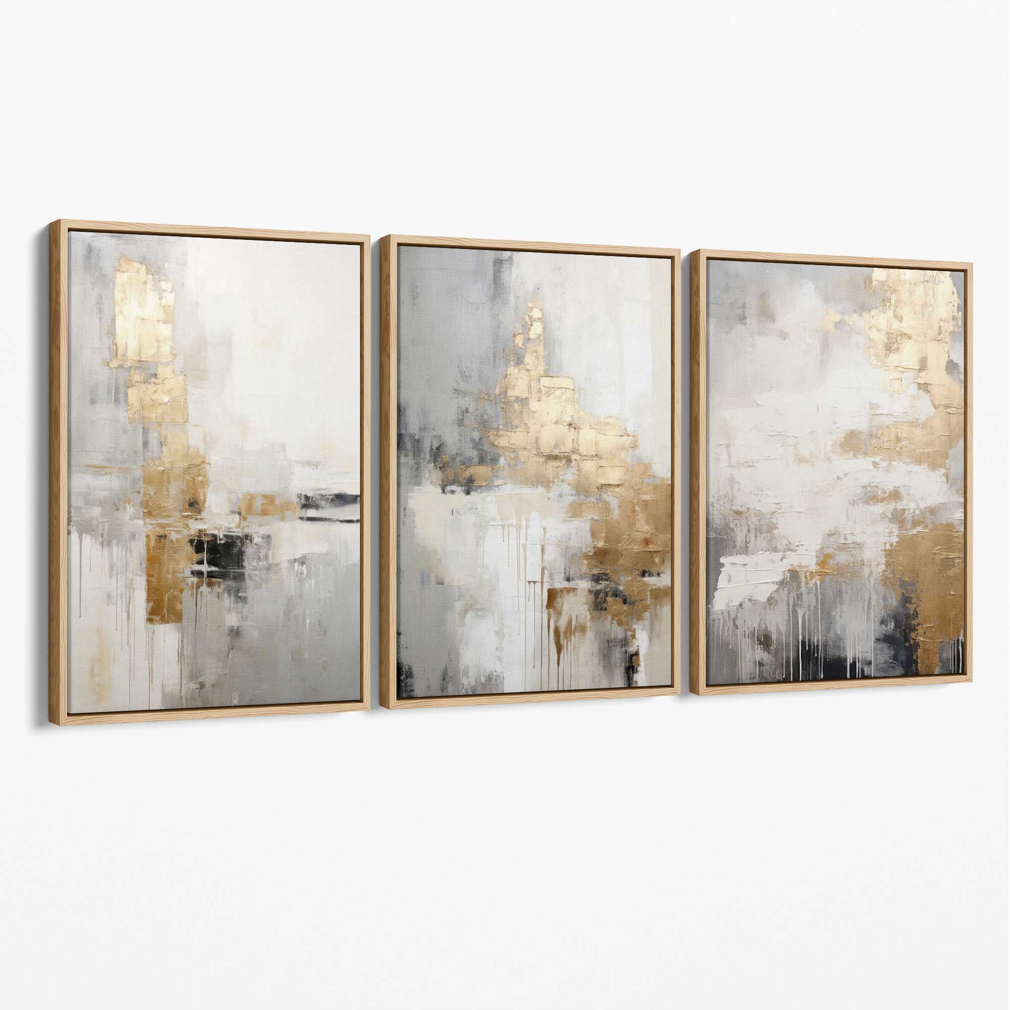 Set of 3 Abstract Beige and Gold Canvas Art Prints with Oak Float Frame