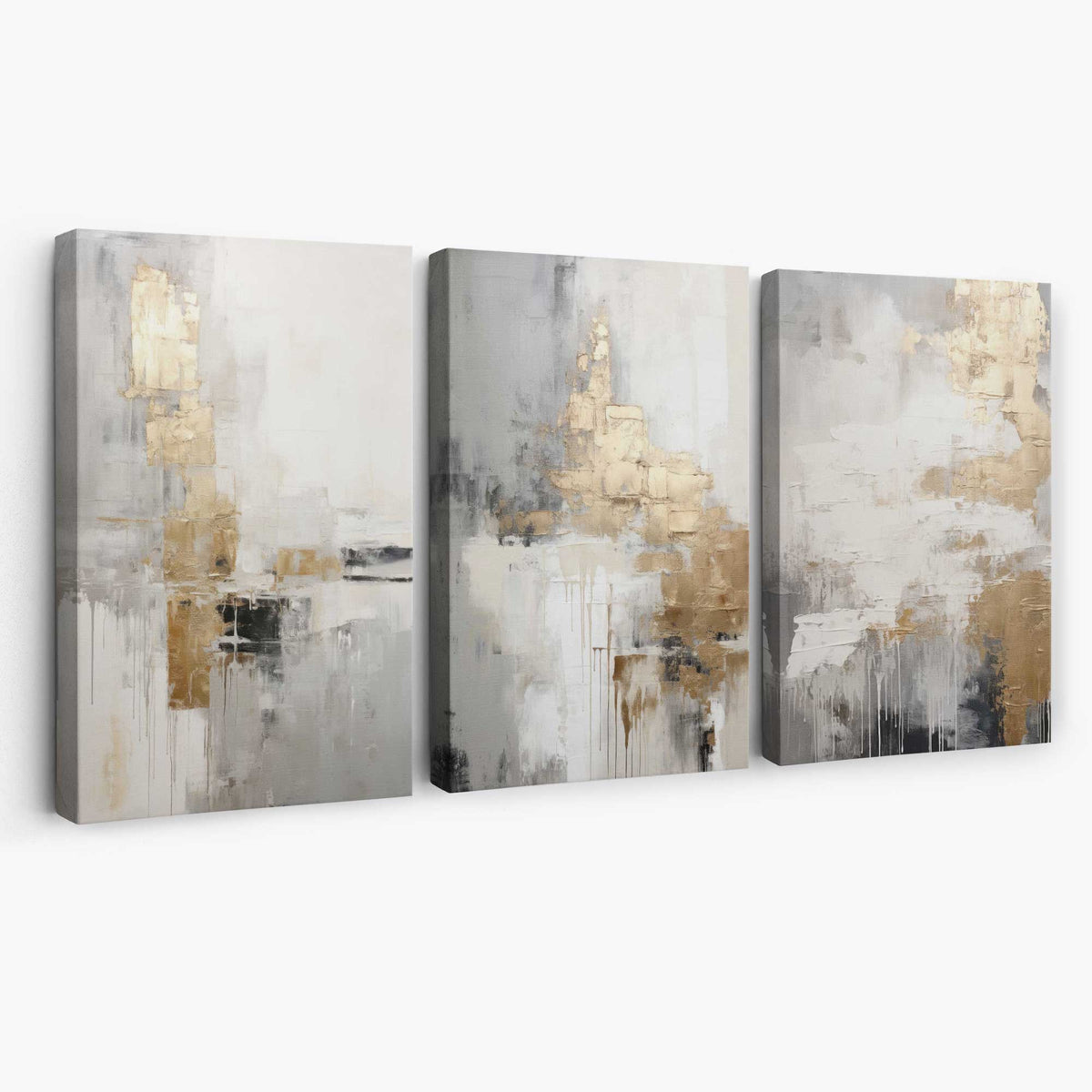 Set of 3 Abstract Beige and Gold Canvas Art Prints | Artze Wall Art UK