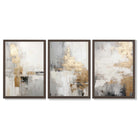 Set of 3 Abstract Beige and Gold Framed Art Prints with Dark Wood Frames