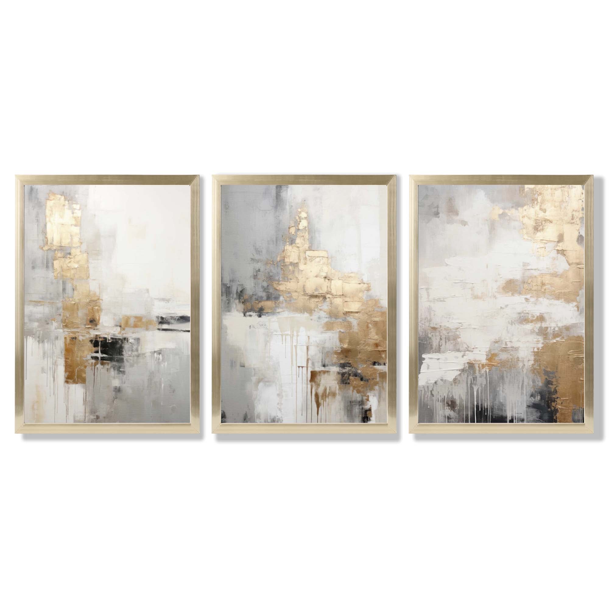 Set of 3 Abstract Beige and Gold Framed Art Prints with Gold Wood Frames
