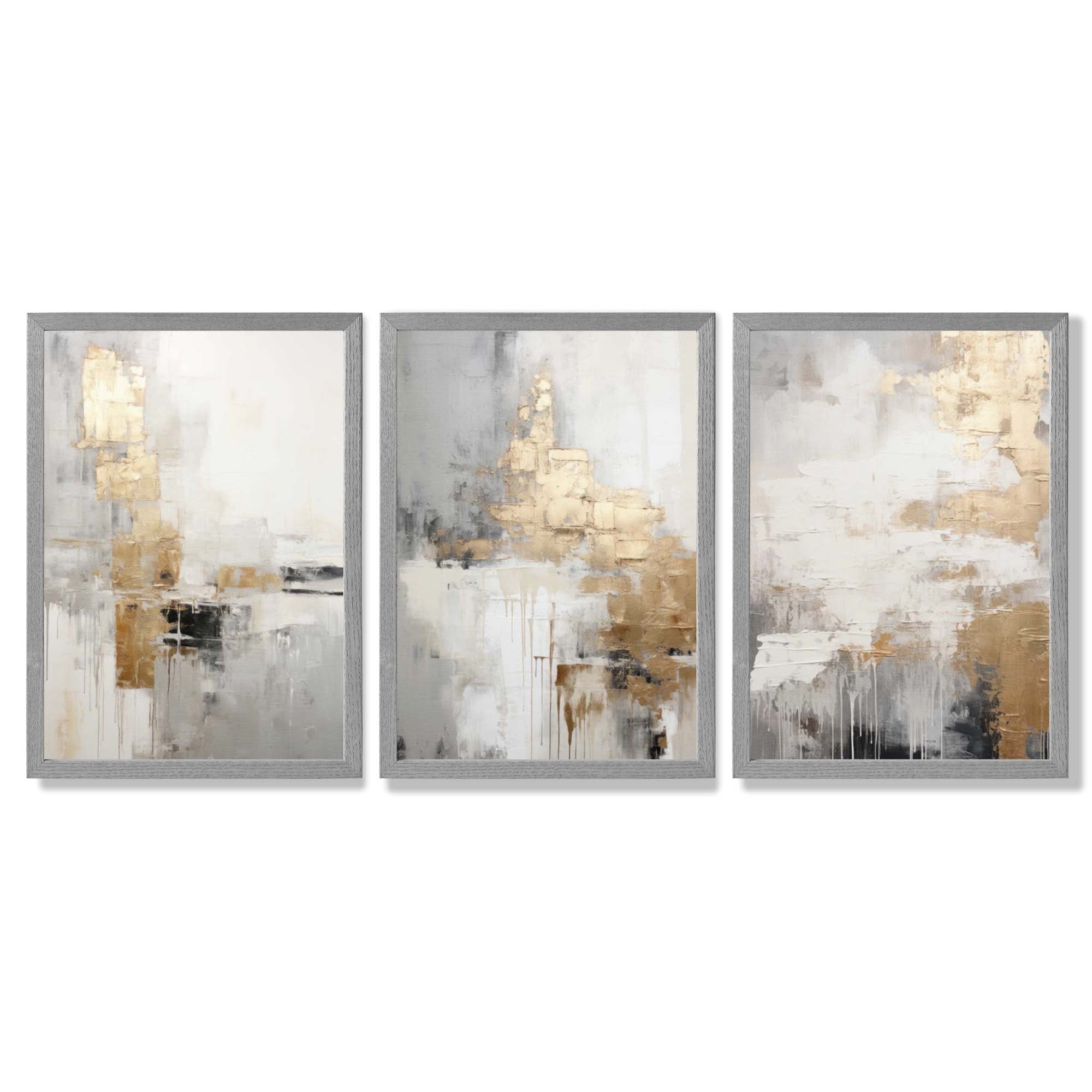 Set of 3 Abstract Beige and Gold Framed Art Prints with Light Grey Wooden Frames