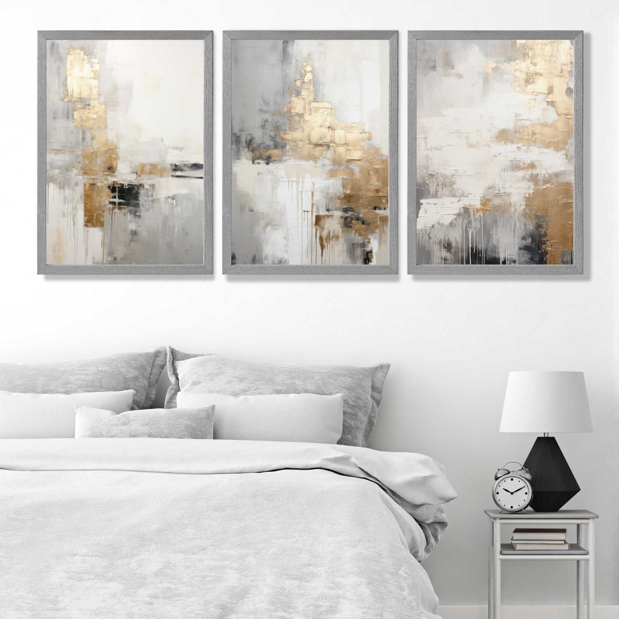 Set of 3 Abstract Beige and Gold Art Prints in White Frames | Artze UK