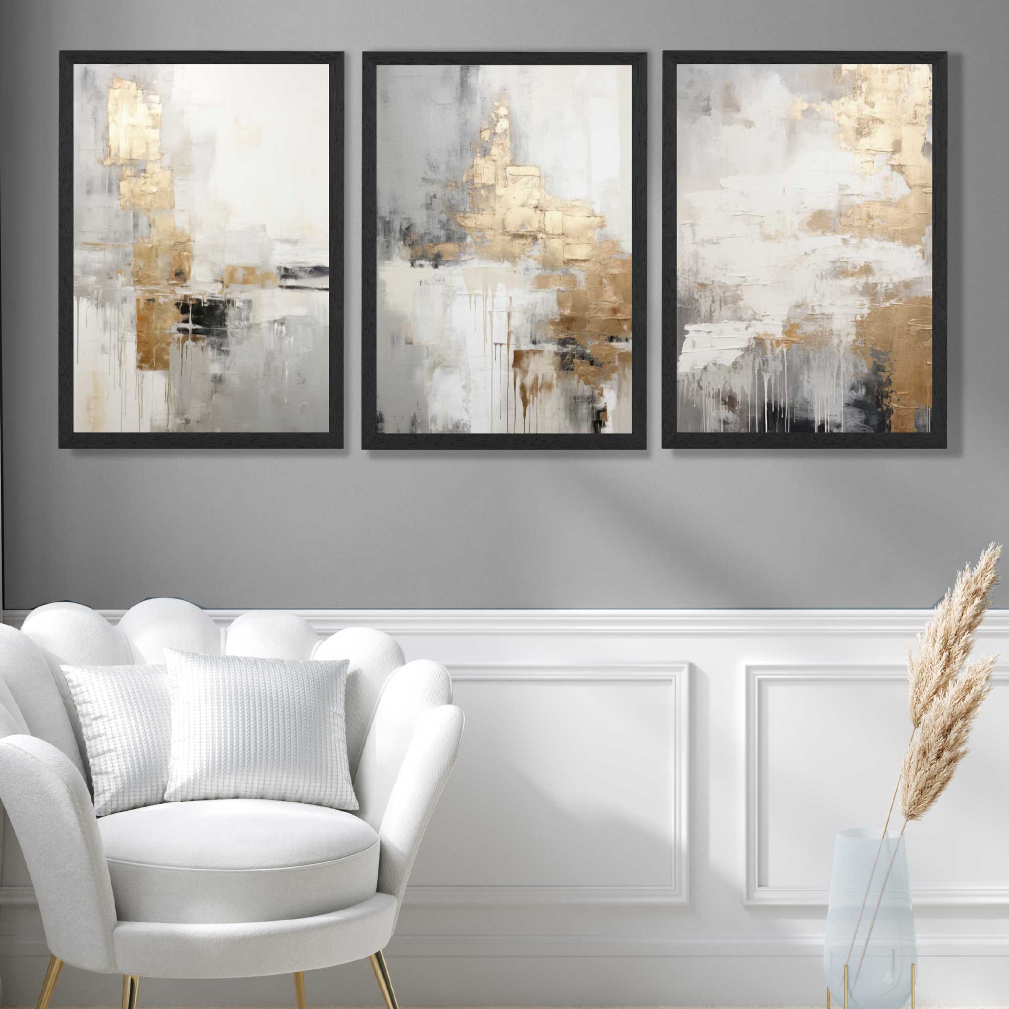 Set of 3 Abstract Beige and Gold Art Prints in Oak Frames | Artze UK