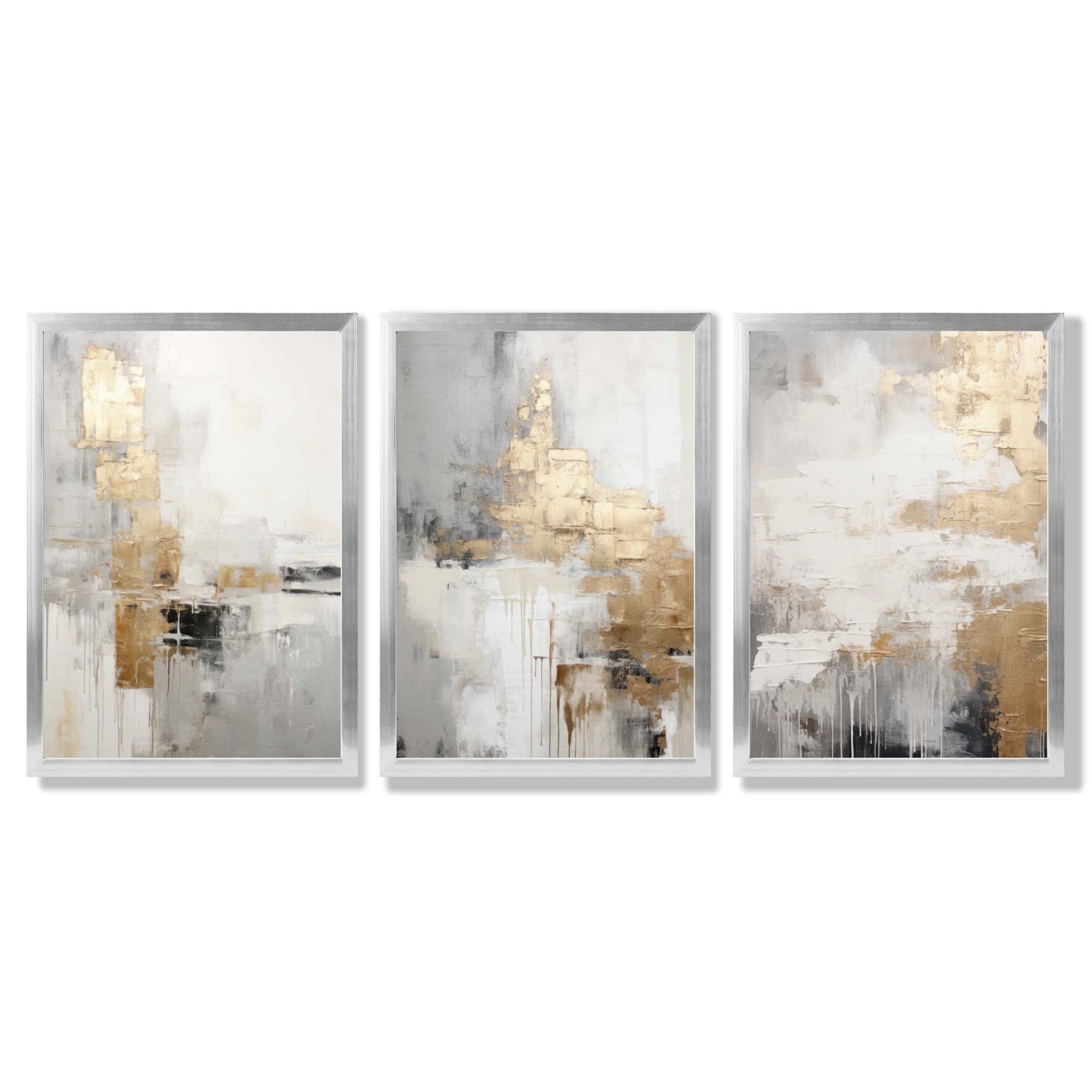 Set of 3 Abstract Beige and Gold Framed Art Prints with Silver Wood Frames