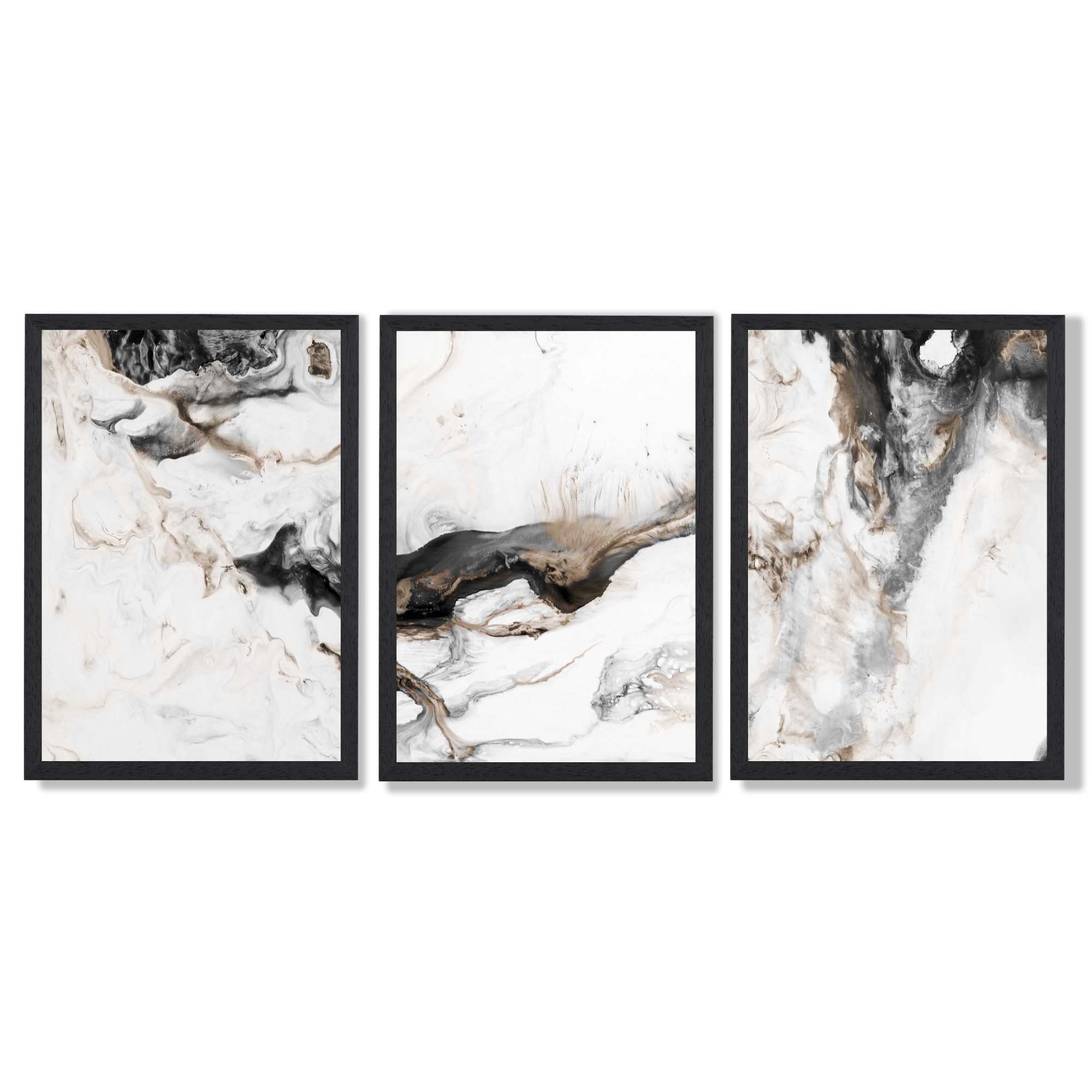 Set of 3 Abstract Beige and Black Framed Art Prints with Black Wooden Frames