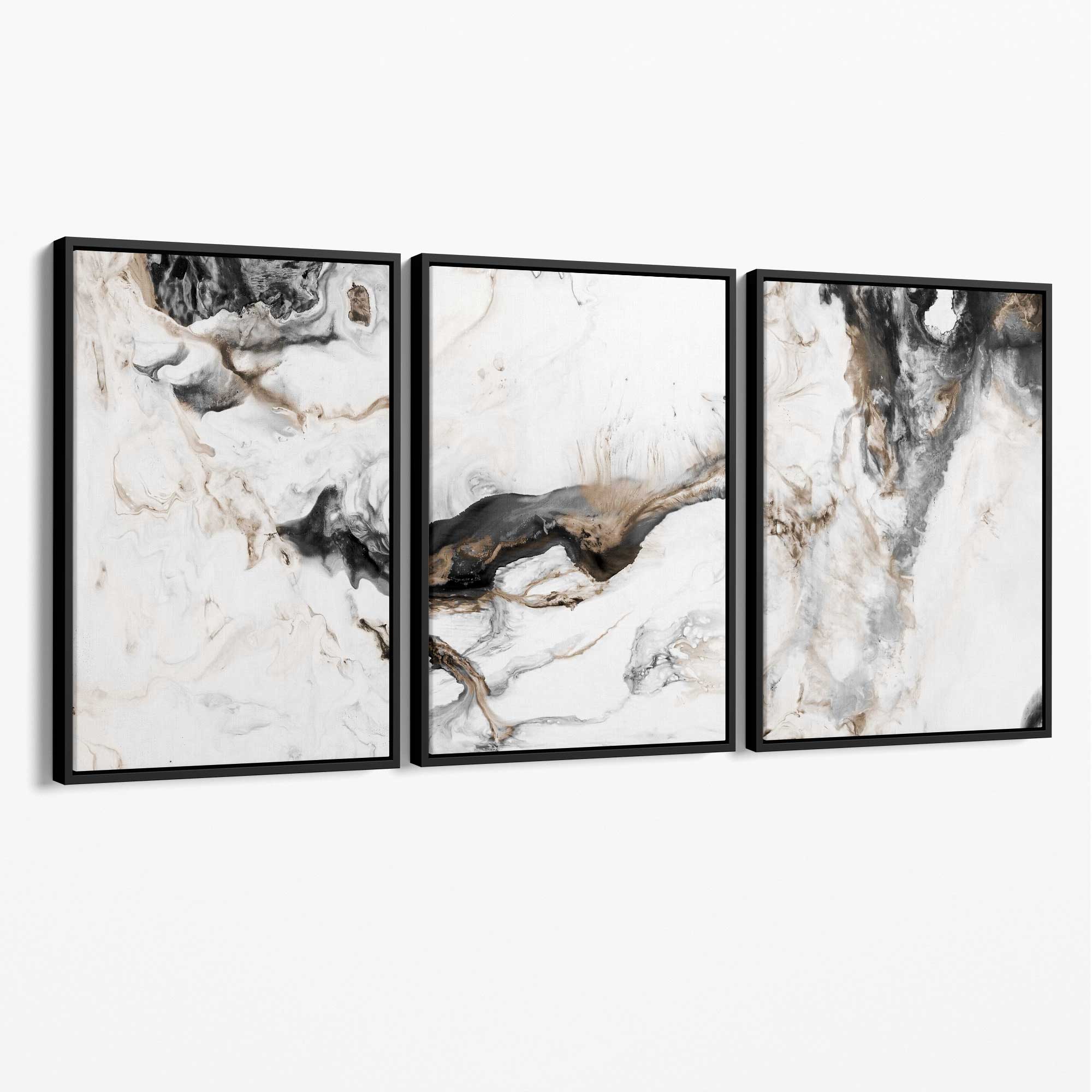 Set of 3 Abstract Beige and Black Canvas Art Prints with Black Float Frame