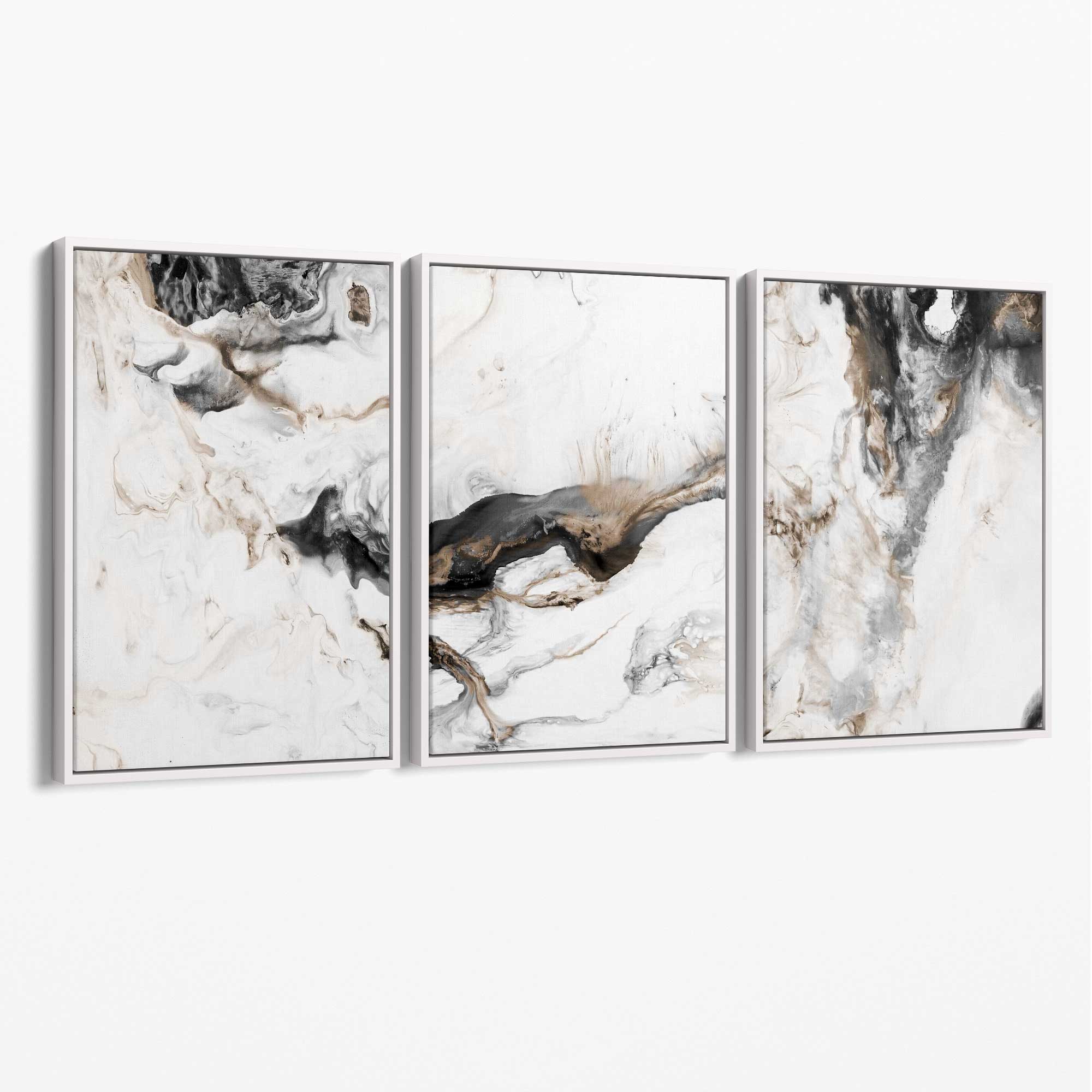Set of 3 Abstract Beige and Black Canvas Art Prints with White Float Frame
