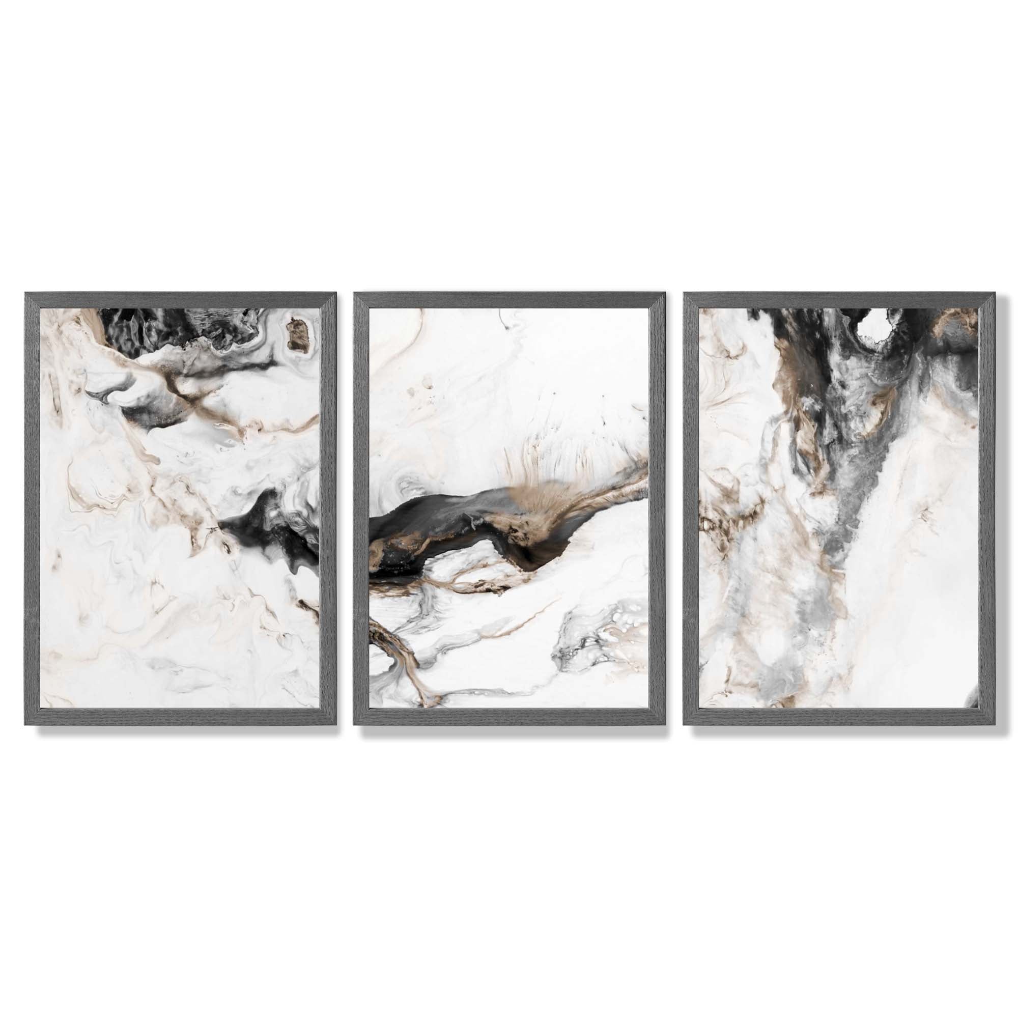 Set of 3 Abstract Beige and Black Framed Art Prints with Dark Grey Wooden Frames